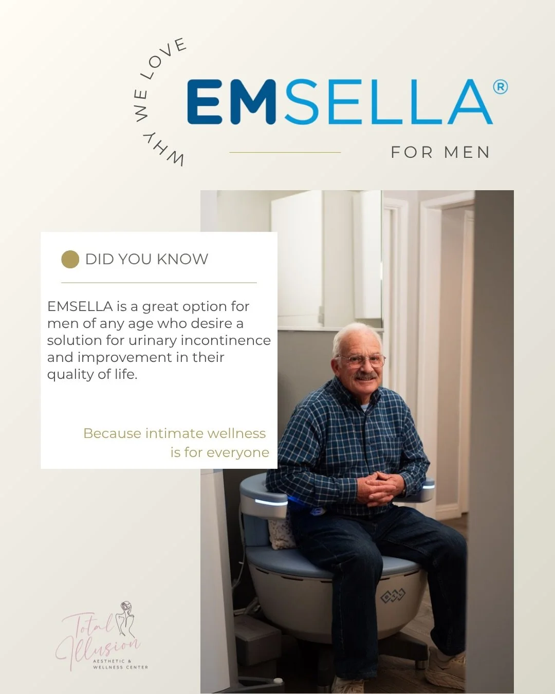 ⚡️ Regain your confidence from urinary incontinence! Over 25 million adult Americans suffer from urinary incontinence and yes, men are affected too. Strengthen your pelvic floor with FDA-cleared Emsella!

📍Total Illusion Aesthetic &amp; Wellness
150