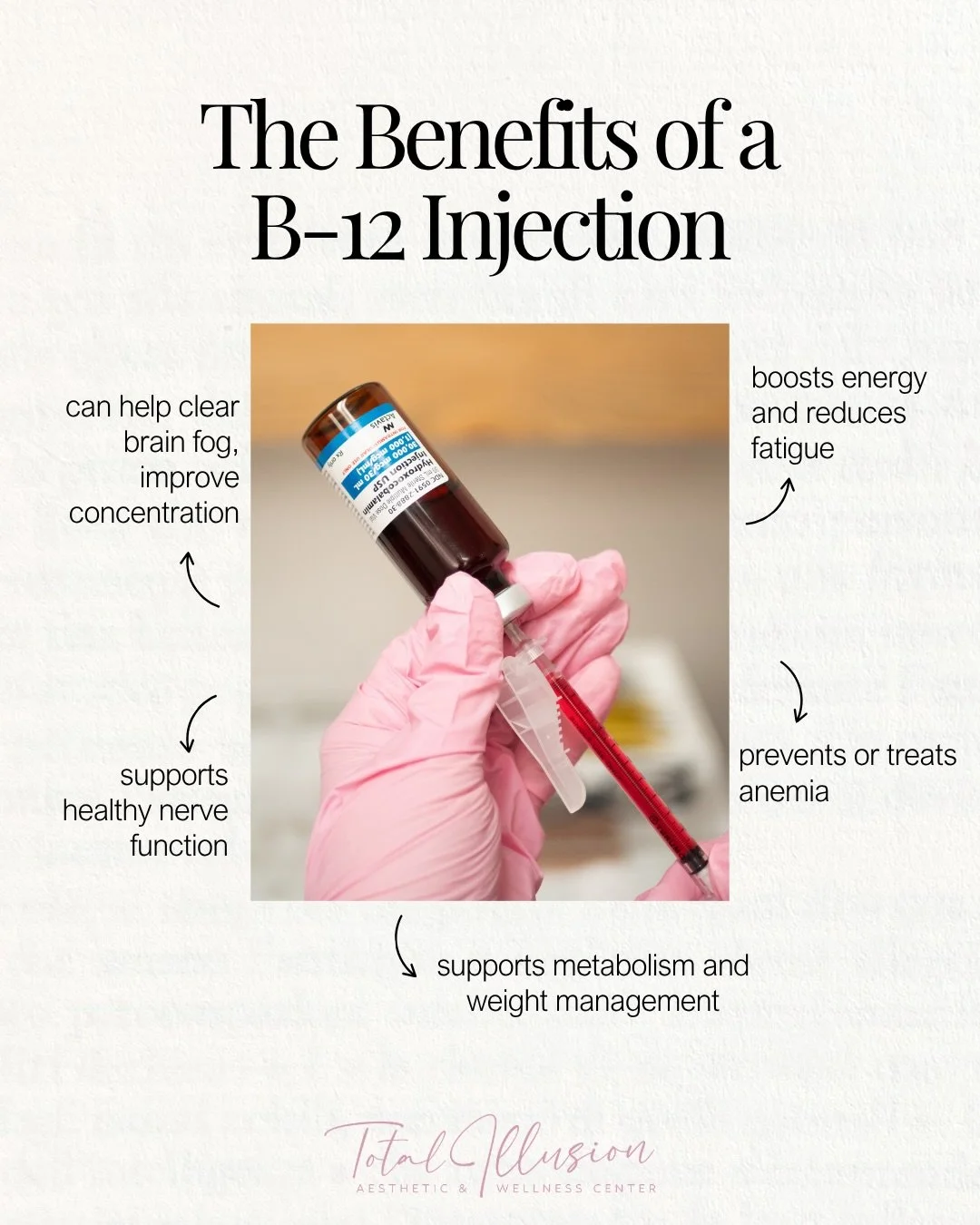 💉 A monthly dose of B12 is an essential vitamin your body needs to help with your overall health &amp; wellness! It just takes 5 mins and boop&mdash;all done ☺️

📍Total Illusion Aesthetic &amp; Wellness
1500 PCH, Suite B, Seal Beach, CA 90740

📲 (
