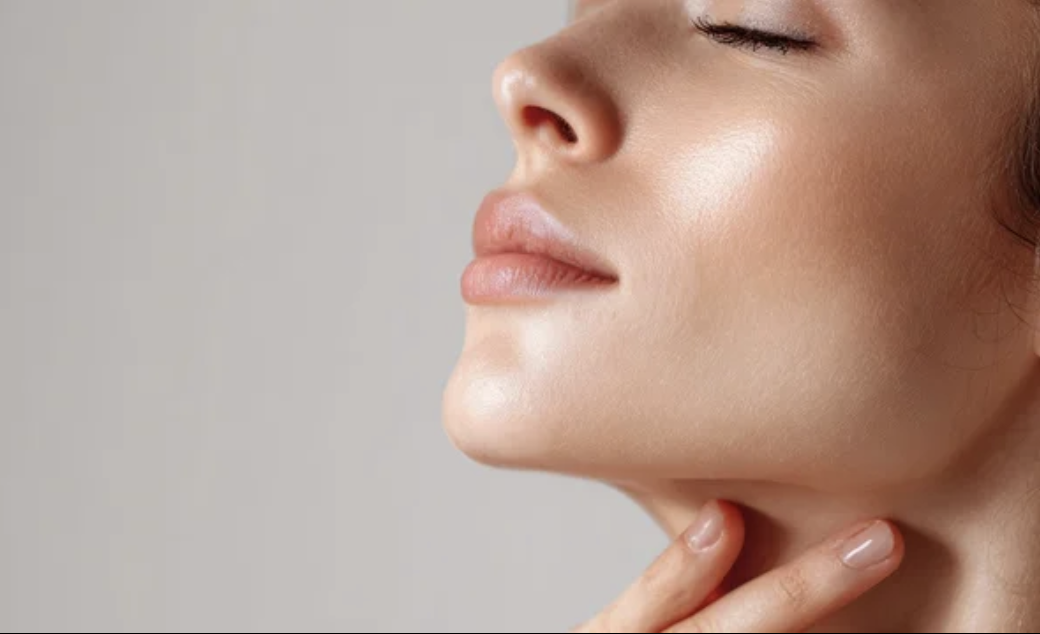 Close up side profile of beautiful young woman with perfect glowing glass skin touching her neck.