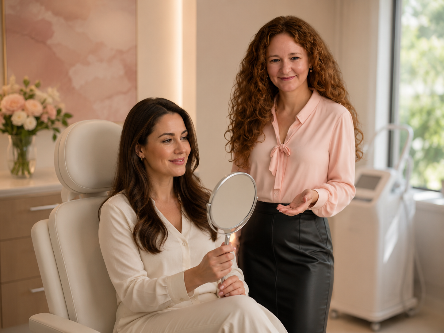 doctor standing next to lady holding a mirror