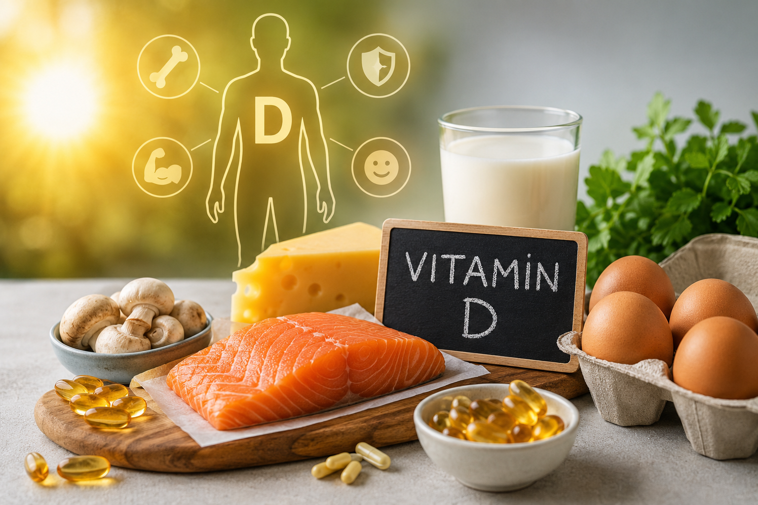 sources of vitamin d displayed on a table