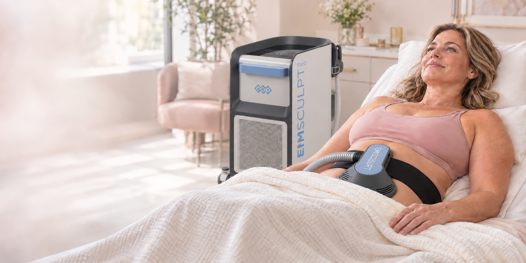 woman in blush background receiving emsculpt neo treatment on abdomen