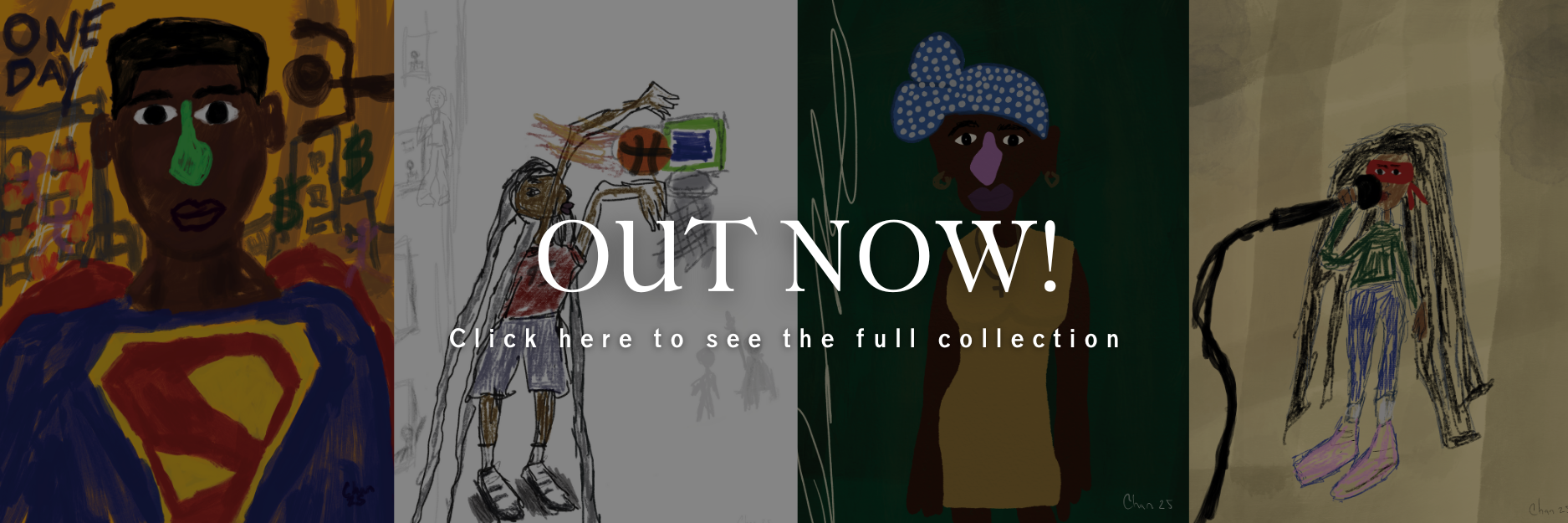 A digital collage of four children's drawings of women, featuring diverse appearances and styles.