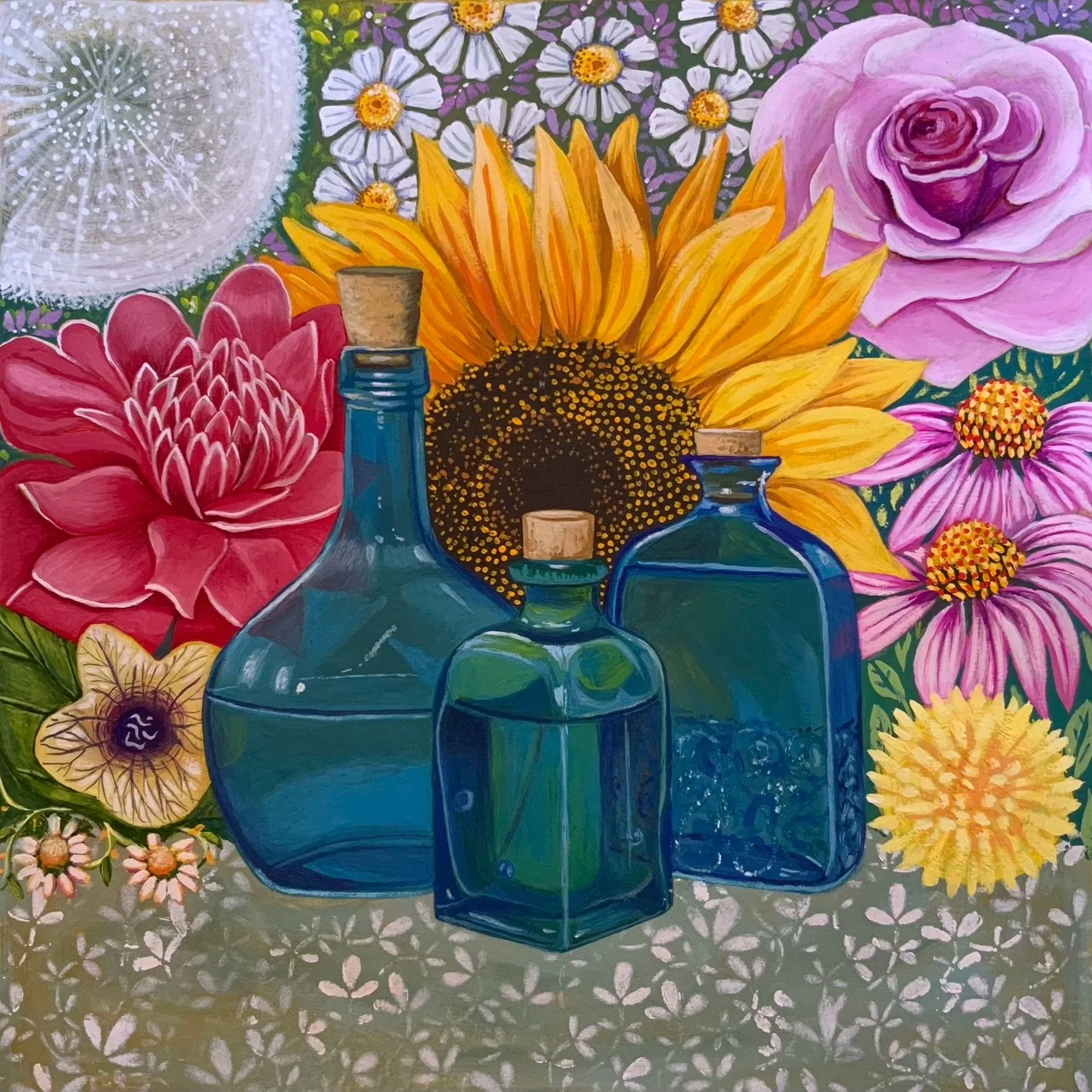Colorful painting of various flowers, including a large sunflower, pink roses, a red dahlia, pink coneflowers, and other small blooms arranged with three blue glass bottles with cork stoppers on a patterned surface.