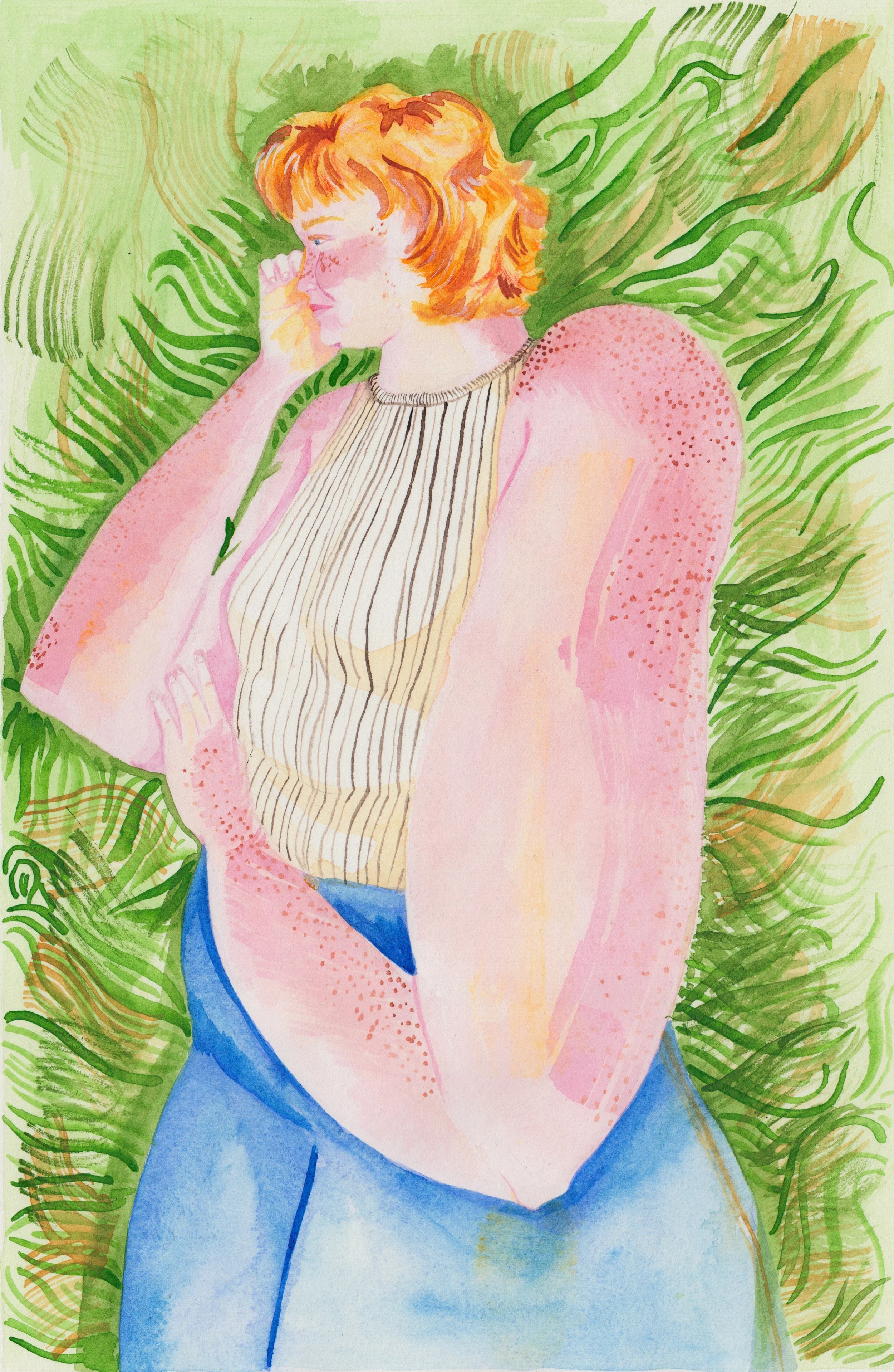 Gina in the grass, 2026, watercolour on paper, 240mm x 370mm