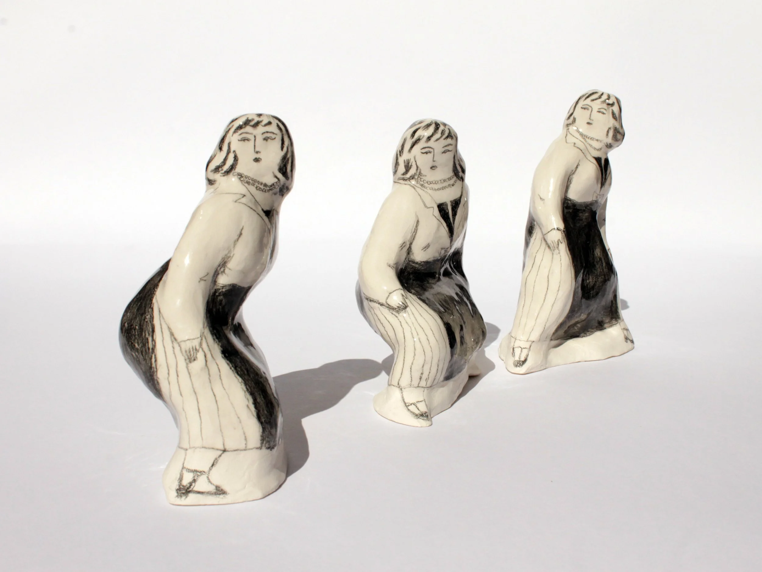 Ikiru dancers, 2019, china, ceramic pencil, clear glaze, each measures c120mm x 70mm x 80mm