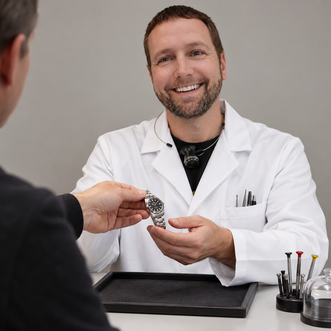 Watchmaker receiving a watch repair from a client
