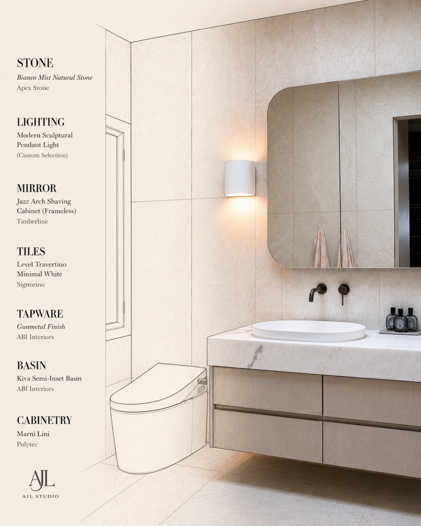 Bathroom details, curated to perfection. ✨

We&rsquo;ve listed every material featured in this space, from the stone to the finishes. 🤍

#AJLStudio #BathroomDesign #LuxuryInteriors #MaterialSelection #InteriorDesign