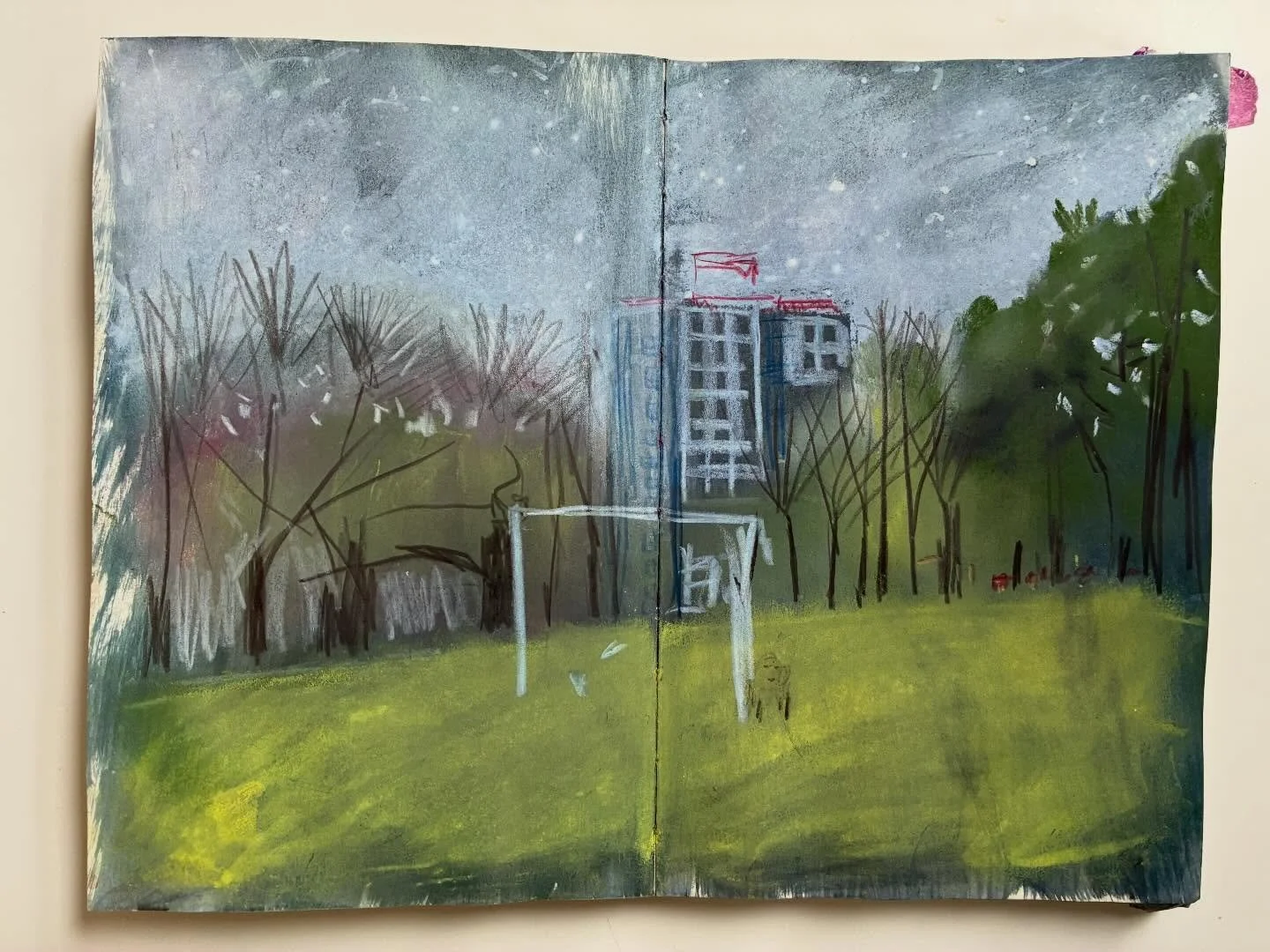 Drawing again in Woodthorpe Park. It was raining a bit and the drops affected the pastels but I like the visual effects of the rain on the paper

#drawdrawdraw #draweveryday
#drawnfromlife
#sketchbookpage
#walktosee