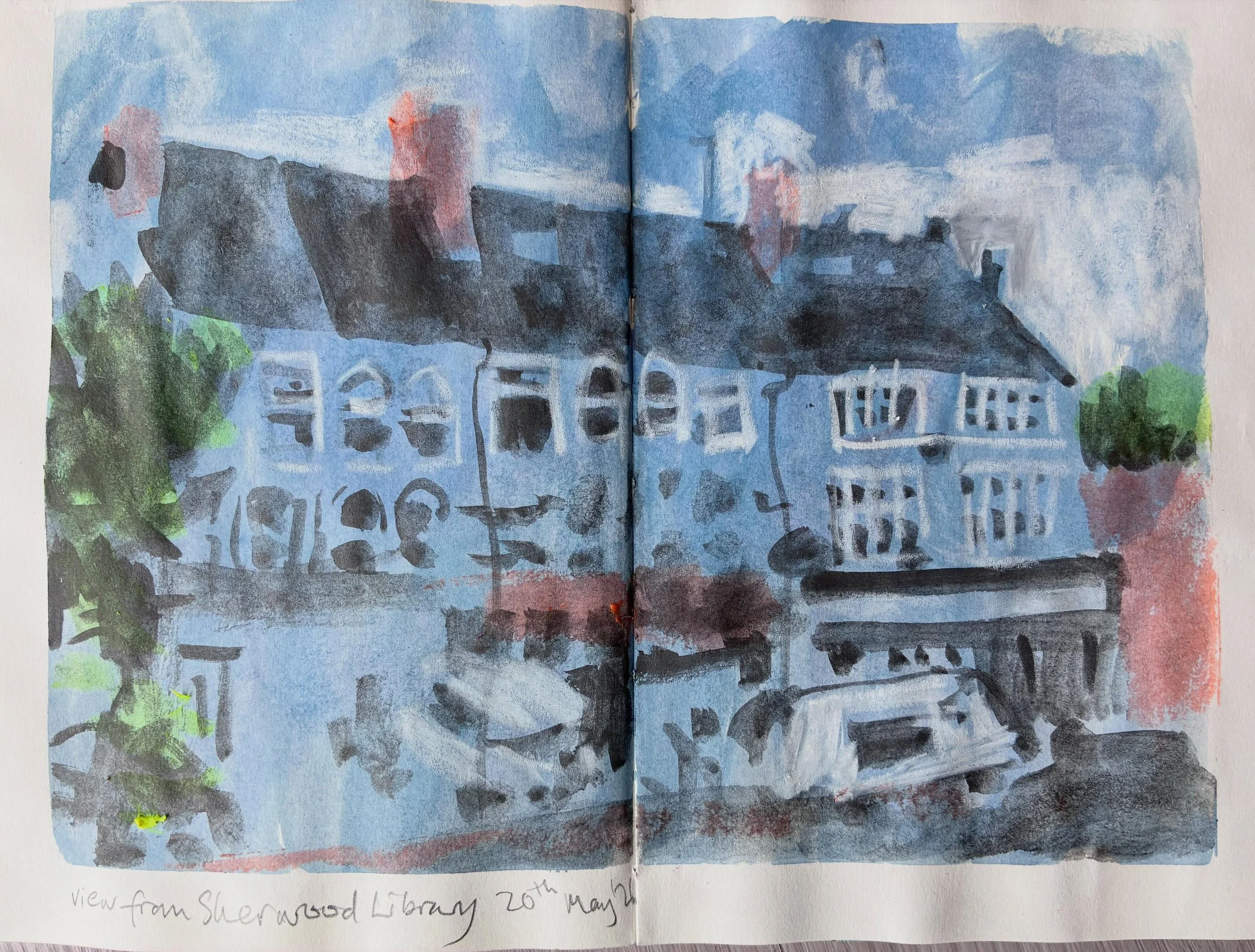 Drawing yesterday looking out of Sherwood library -love that we've got our library back! #sherwoodlibrary #sherwood #walktosee