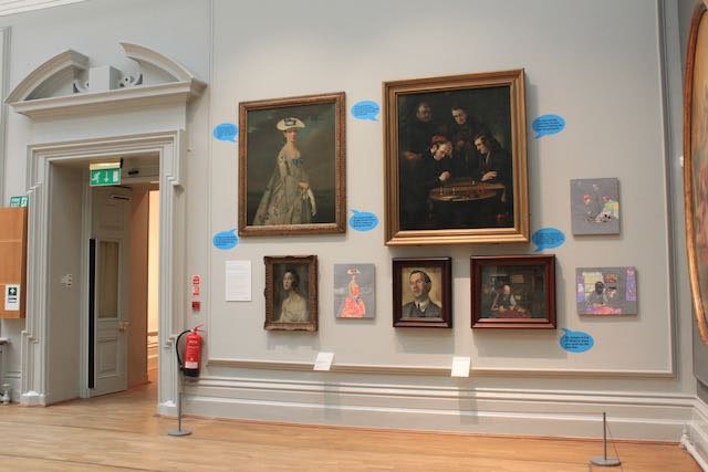 Secondary school project artwork displayed in the Long Gallery at Nottingham Castle alongside portrait inspiration