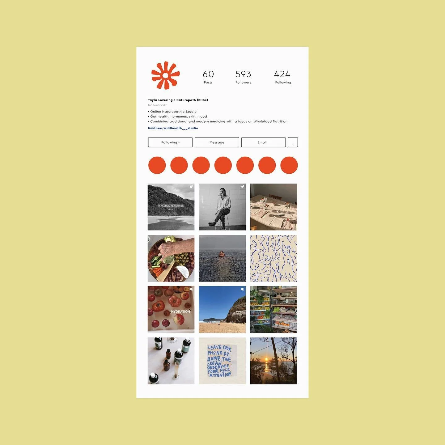 [4/6] Client: @wildhealth___studio 
Scope: Brand Strategy + Identity; Social Media Templates

Wild Health Studio is an online platform offering naturopathic consultations Australia wide.