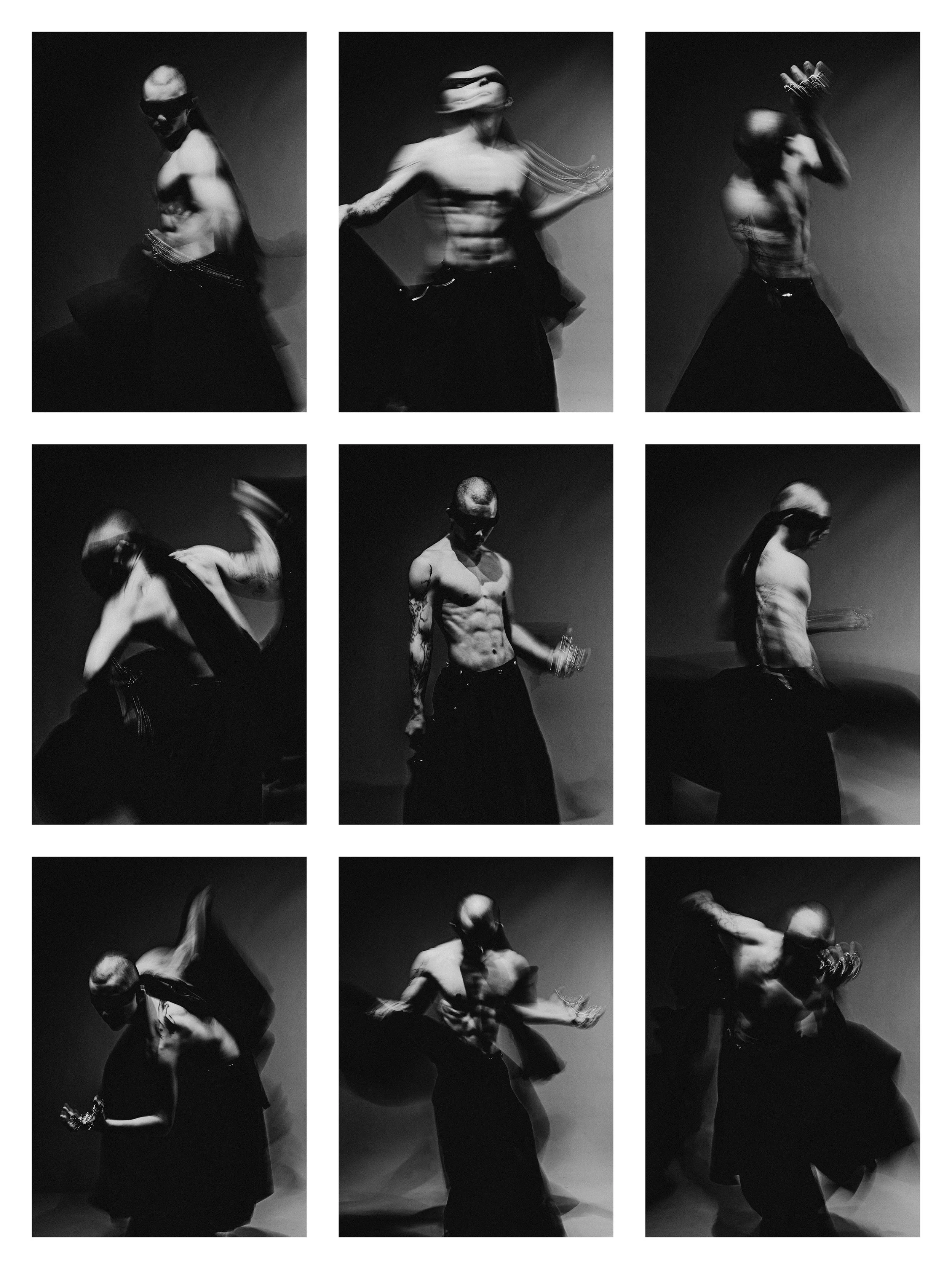 Black and white photographs of a shirtless man with tattoos performing a dance or movement sequence, captured in various dynamic poses with blurred motion effects.