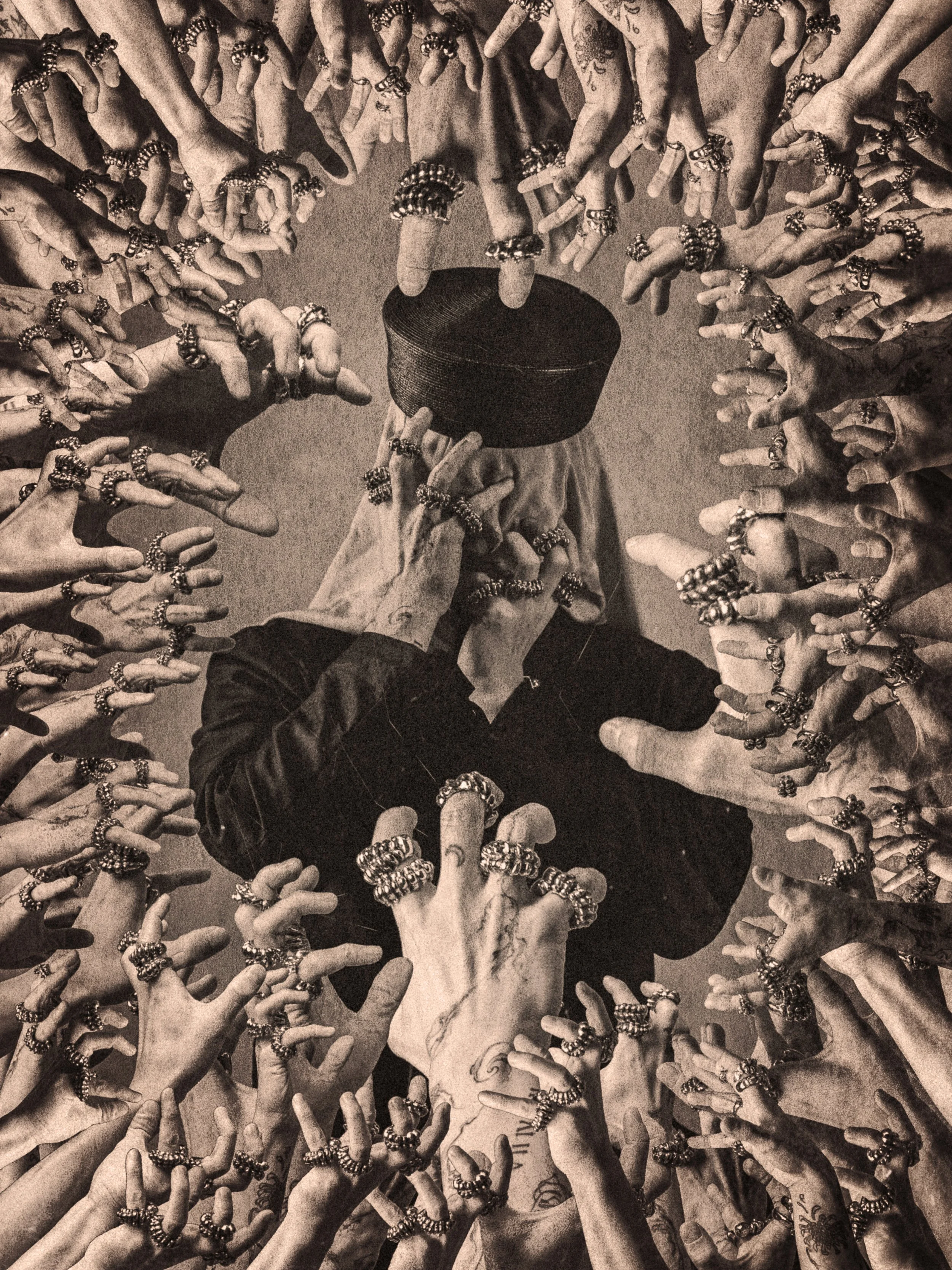 A woman with tattoos and multiple rings on her fingers surrounded by numerous hands with rings reaching towards her, with each hand pointing or reaching at her head and face.