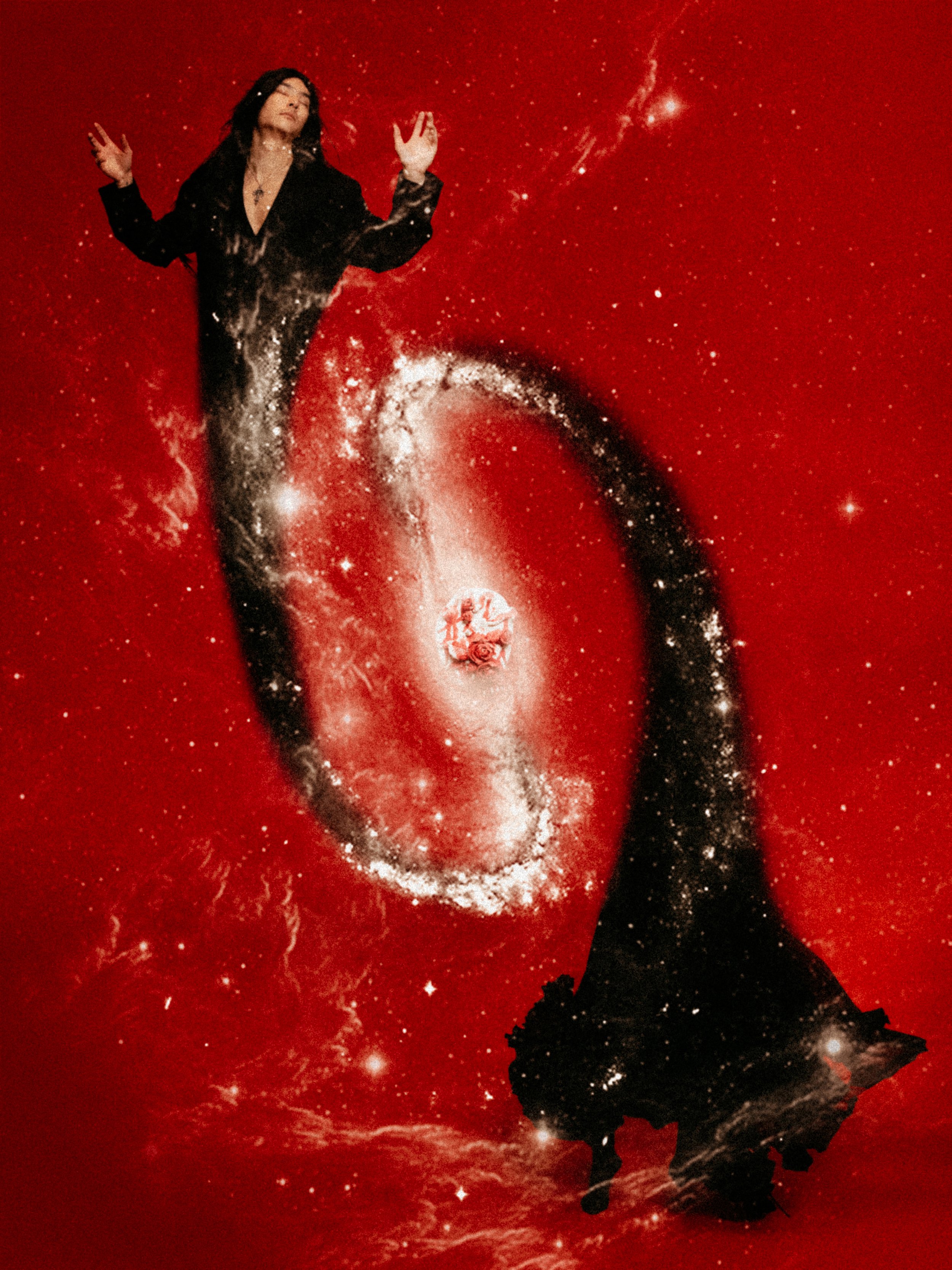 A woman with dark hair wearing black clothing and holding a rose stands against a red galaxy background with a silhouette of a dog in the lower right corner.