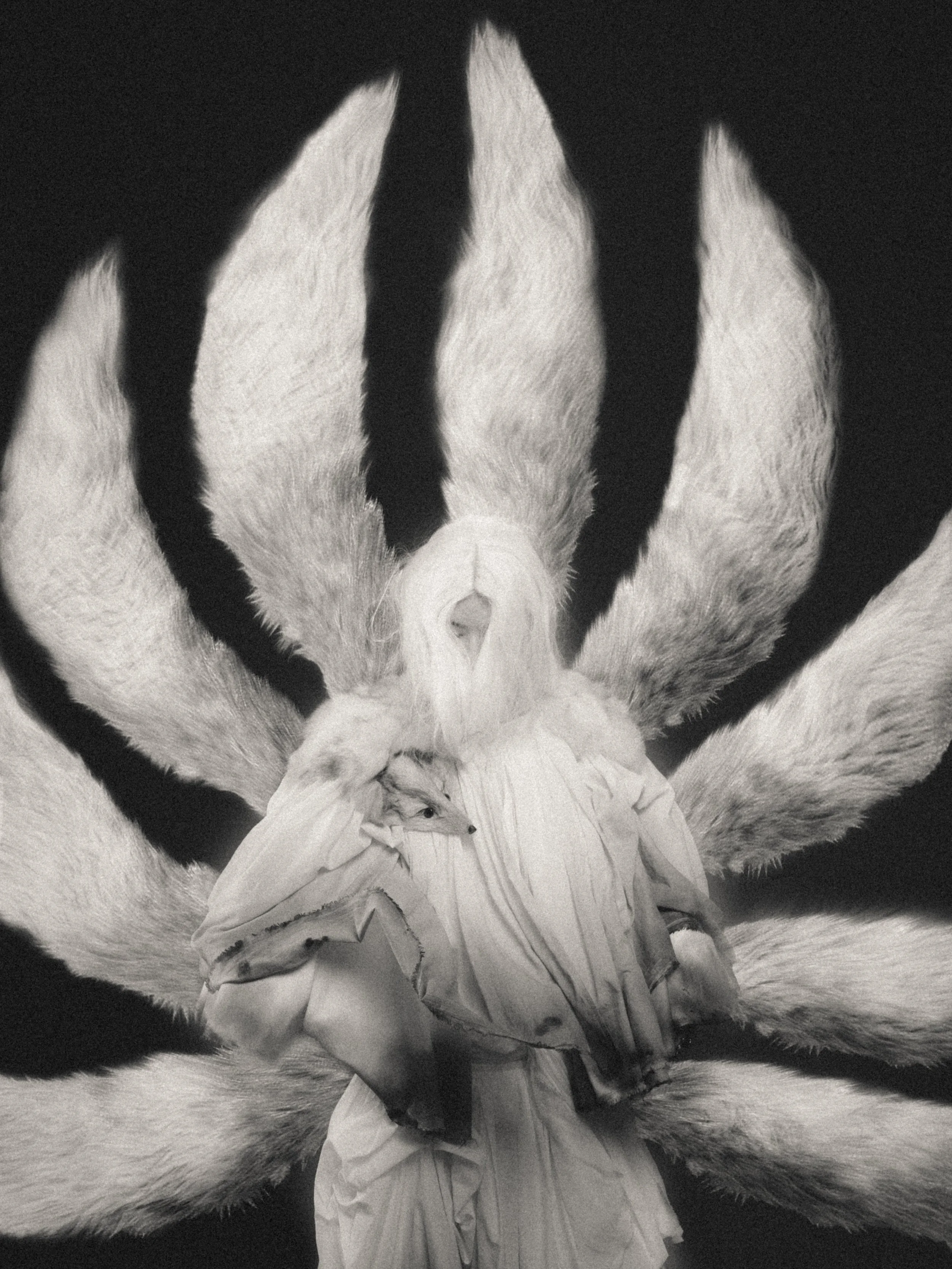 A person dressed in a white outfit climbing through a pile of large, fluffy swan feathers arranged in a semi-circle, with a black background.