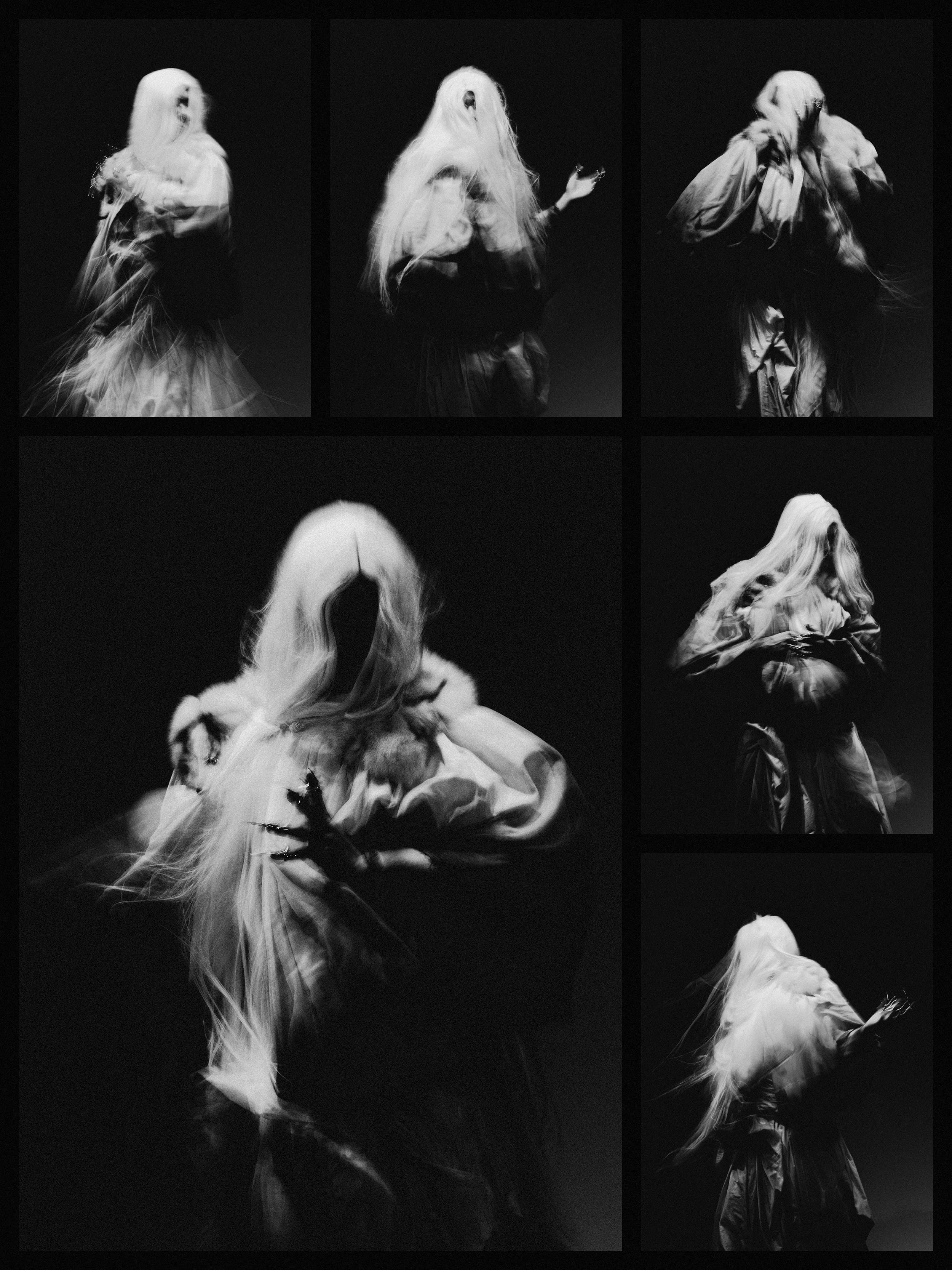 Black and white collage of a woman with long blonde hair in various poses, some with her face covered by her hair, wearing a flowing dress, and a person with a horse costume with a mane and tail, against a black background.