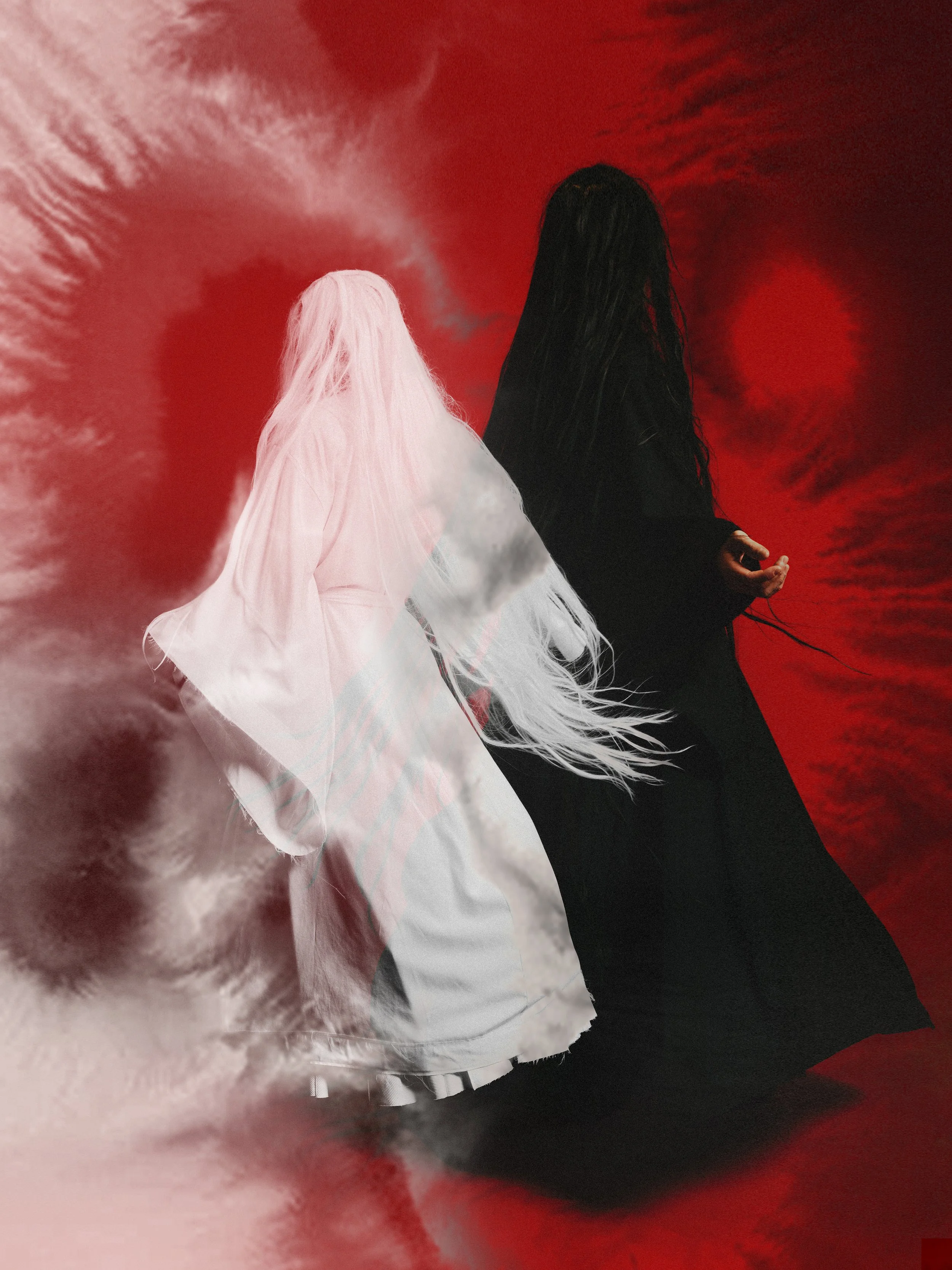 A surreal digital collage featuring a person's face on the left, partially obscured and blended with clouds, and two figures dressed in black and white, with one holding an umbrella, against a vivid red and dark cloud background.