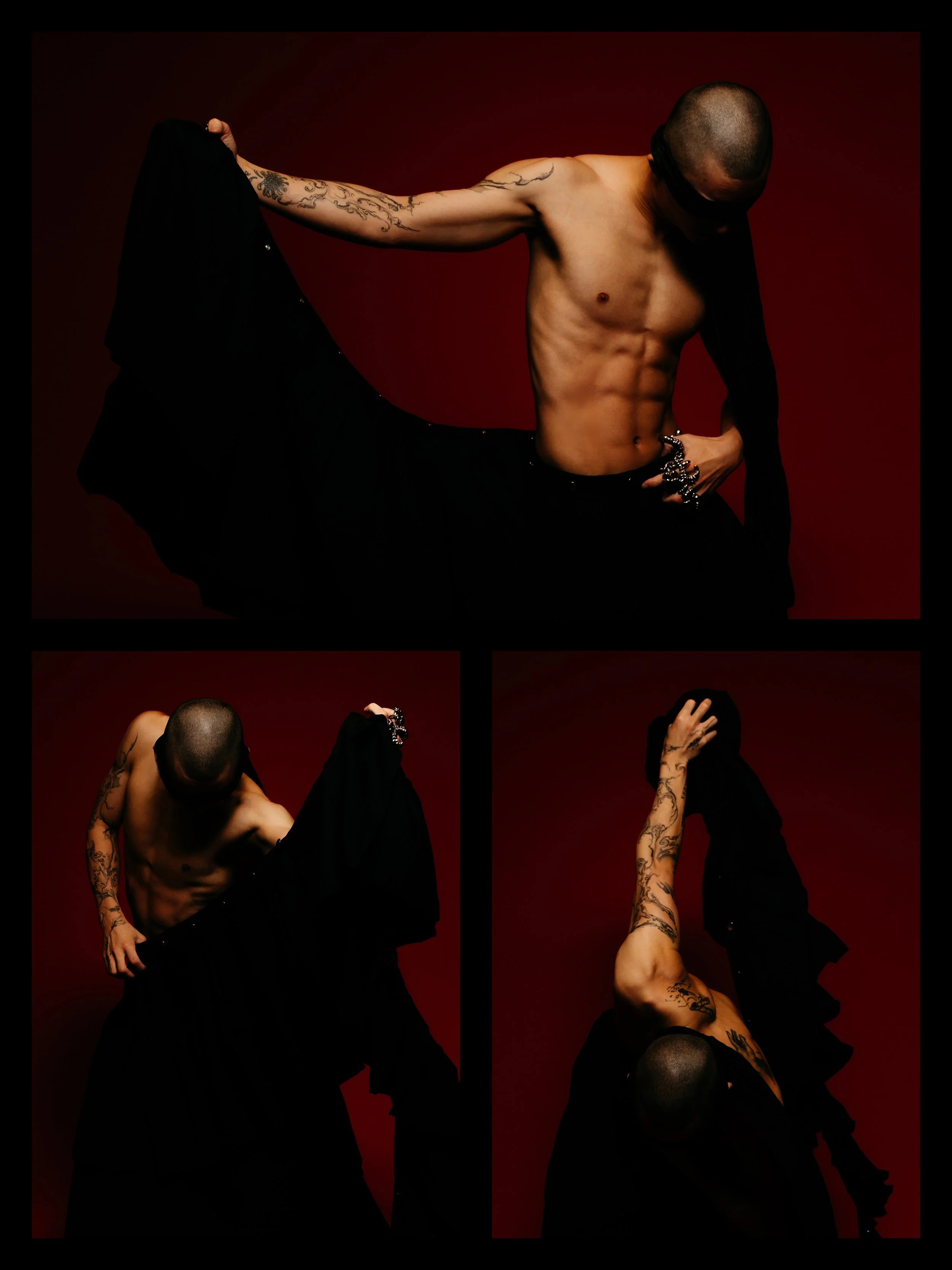 A shirtless man with tattoos poses against a red background, holding a black garment. The image is divided into four sections, showing different angles and stances of the man.