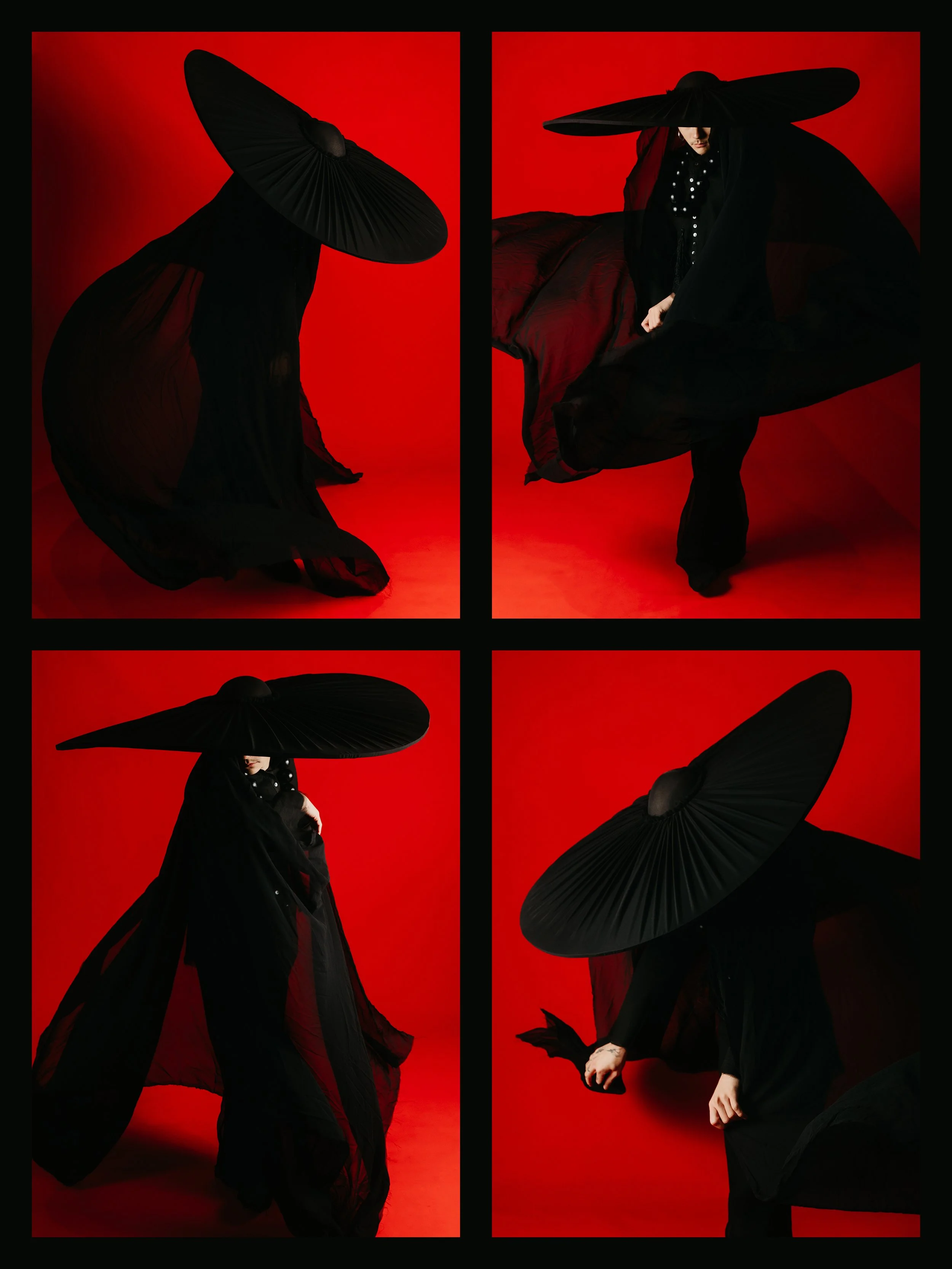 Collage of four photos of a person dressed in black, holding a large black umbrella with a red background. Each photo shows a different pose or angle with the umbrella.
