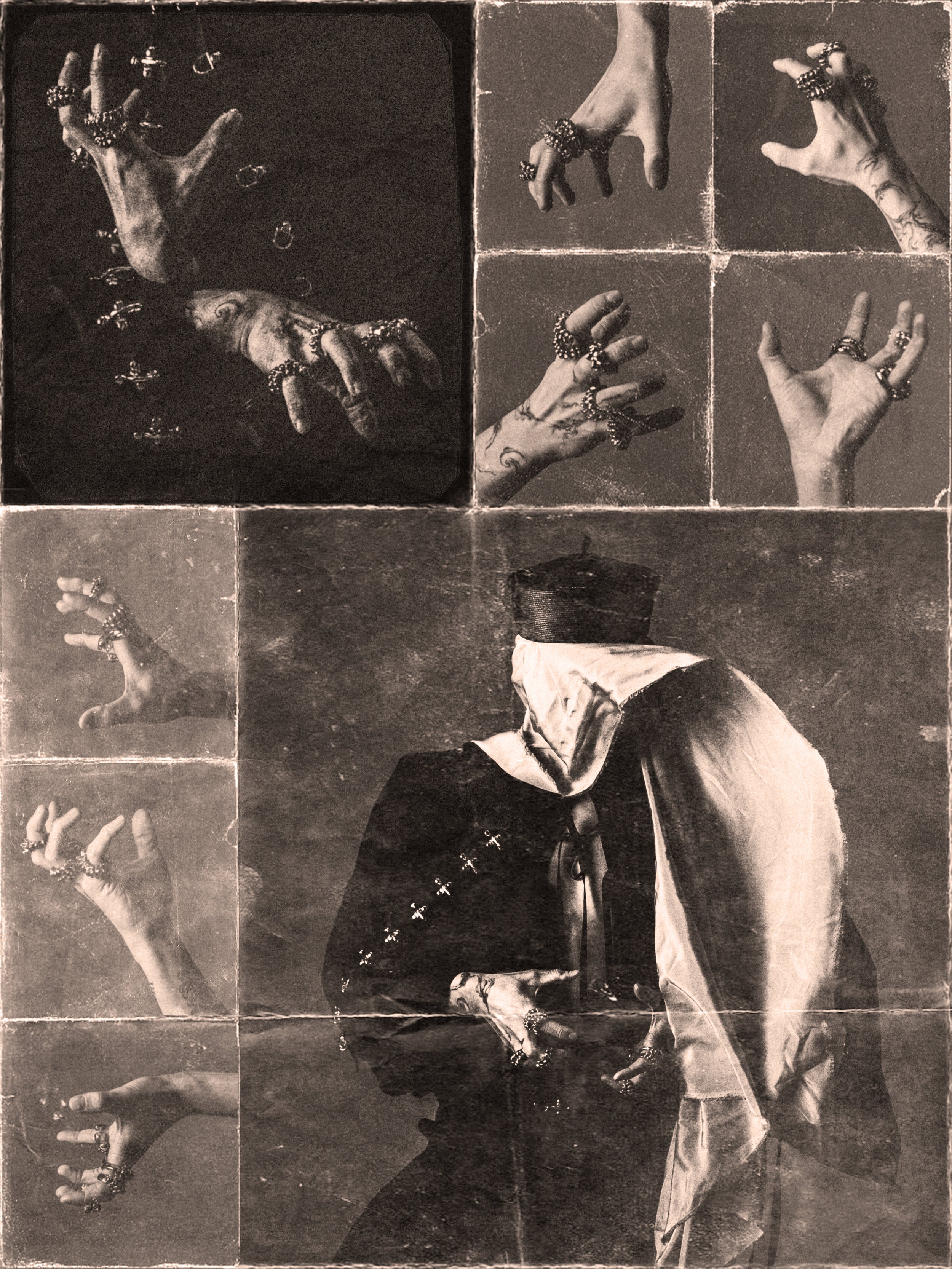Black and white collage of multiple hands adorned with rings, shown in different poses across a collage of photographs.