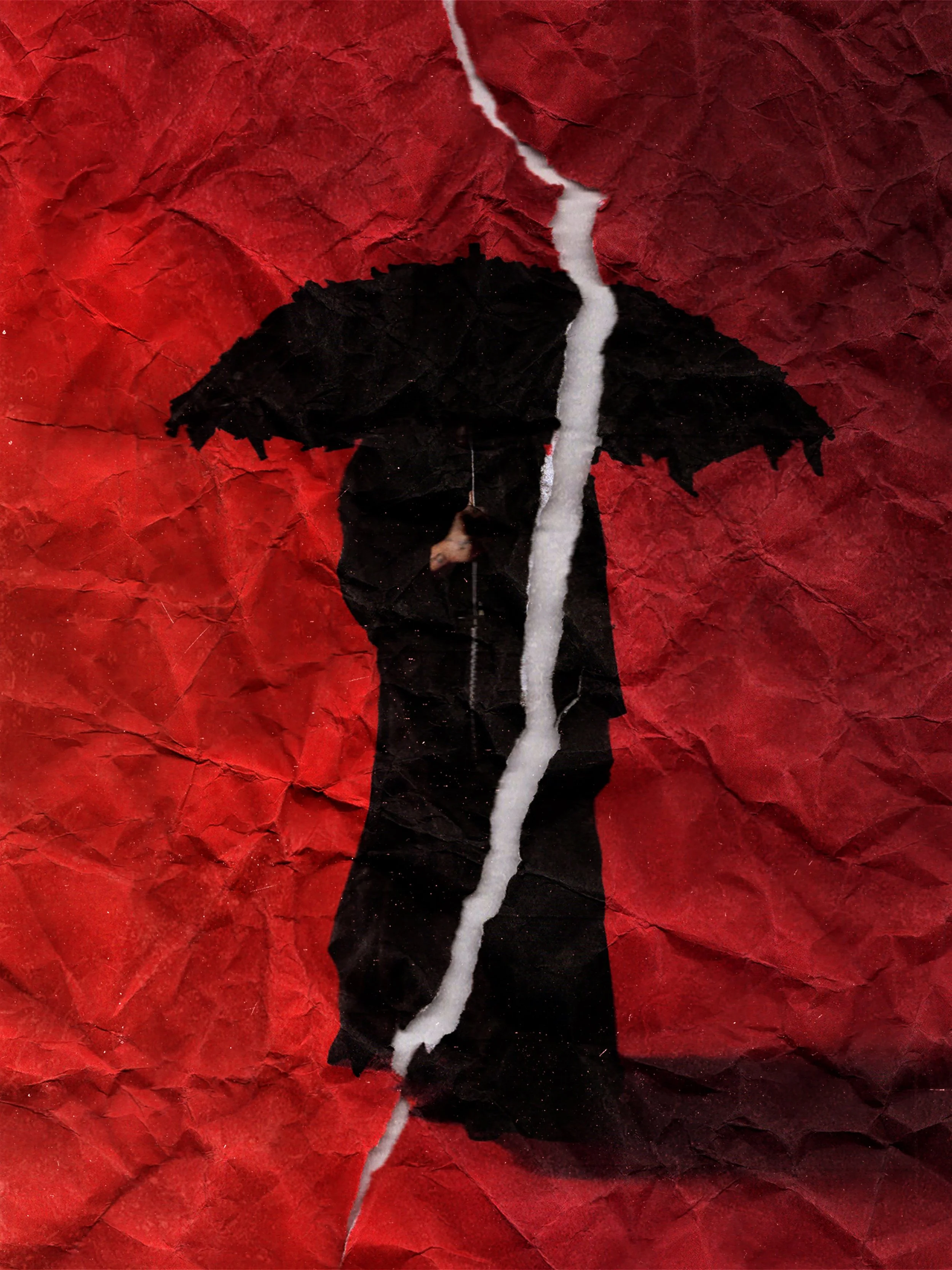 Torn red paper with black silhouette of a person and a white tear running down the middle.