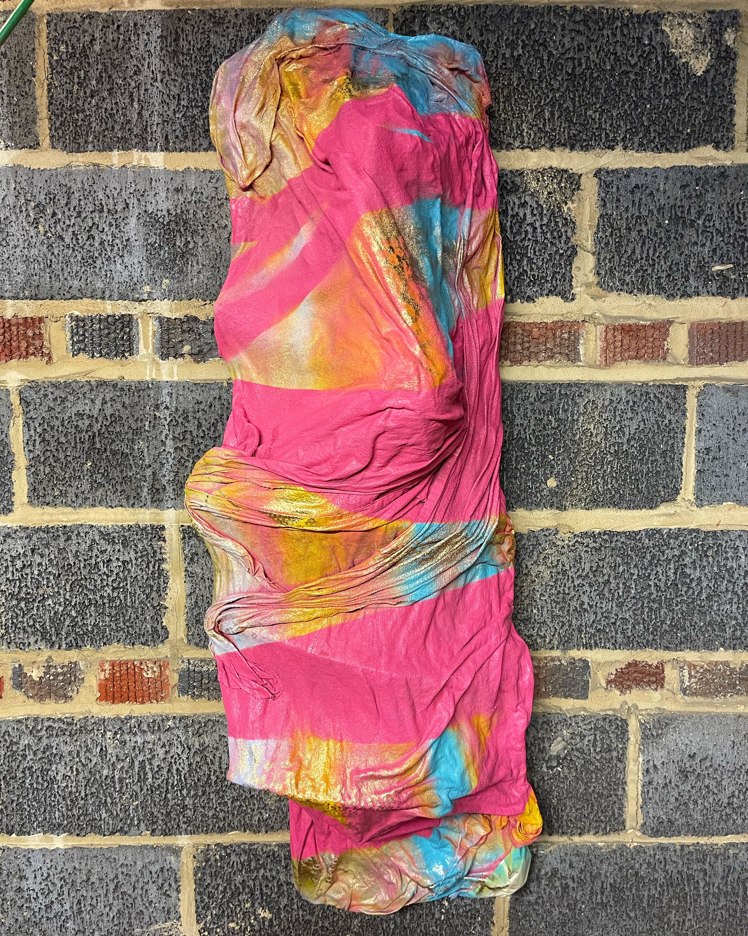 "Containment 103", 2022. Used bedsheets, resin, spray paint. $200.00