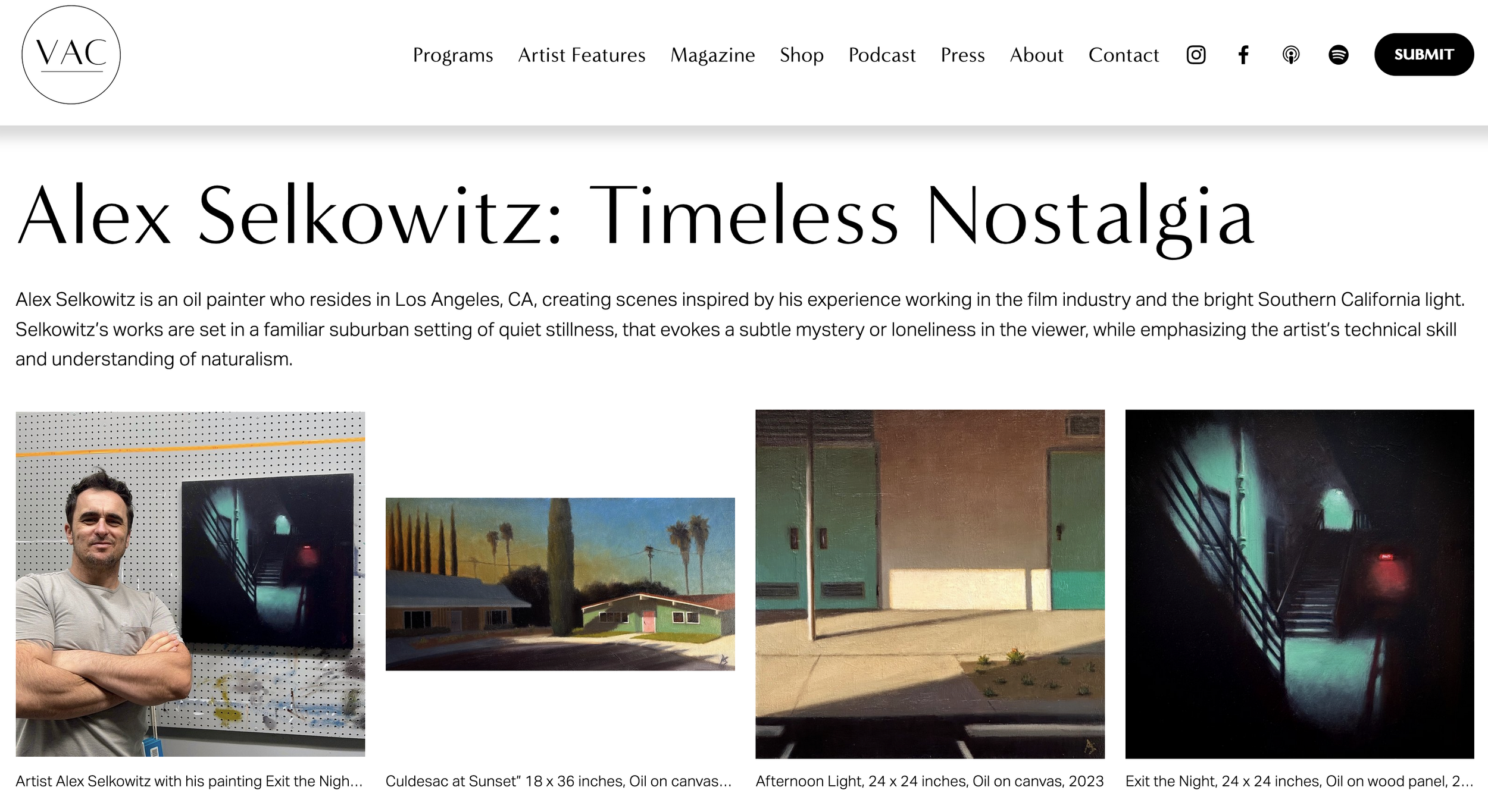 Webpage showcasing oil painter Alex Selkowitz, featuring his biography and three paintings: "Culdesac at Sunset," "Afternoon Light," and "Exit the Night." Includes photos of Selkowitz and his artwork.