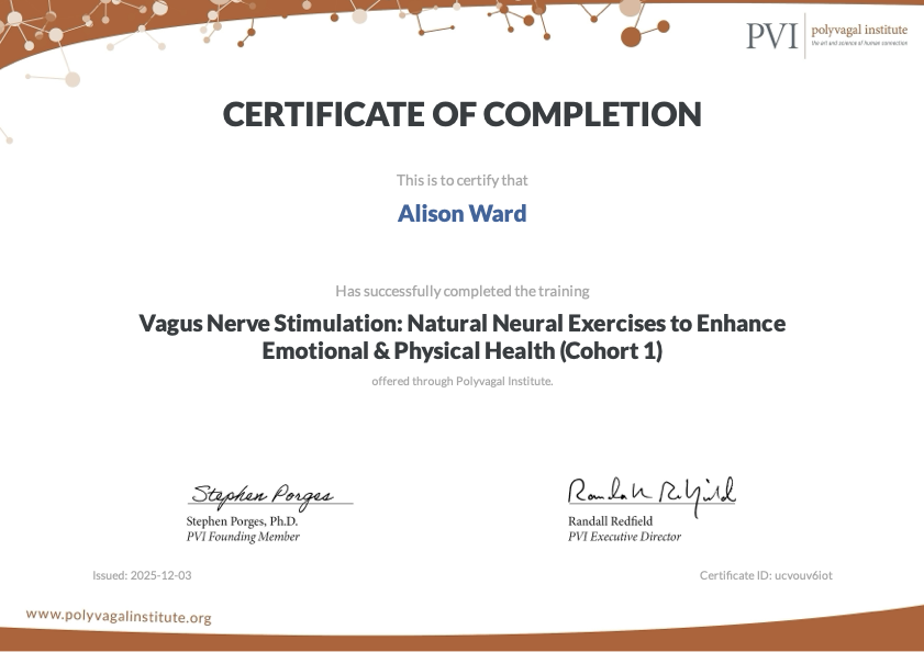 Certificate of completion awarded to Alison Ward for training in Vagus Nerve Stimulation: Natural Neural Exercises to Enhance Emotional and Physical Health, issued December 3, 2025.