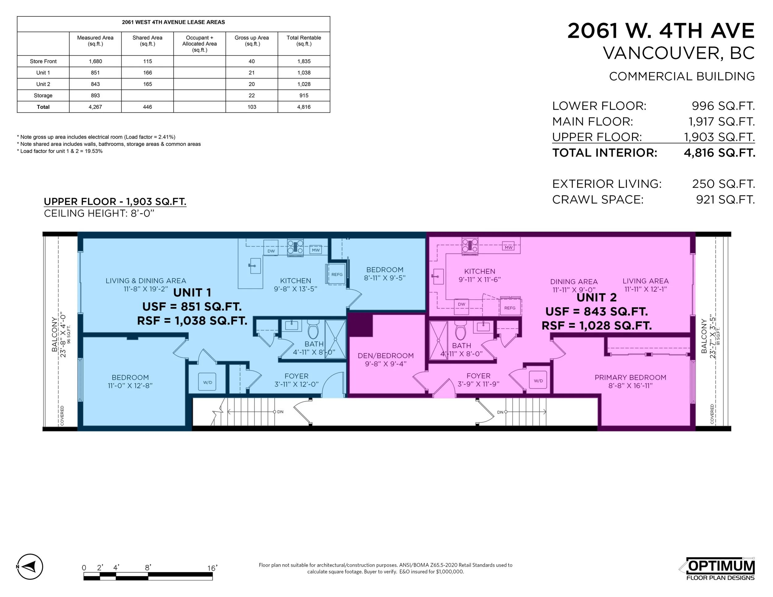 Upper floor: Unit 1 (851 usable / 1,038 rentable) and Unit 2 (843 usable / 1,028 rentable)