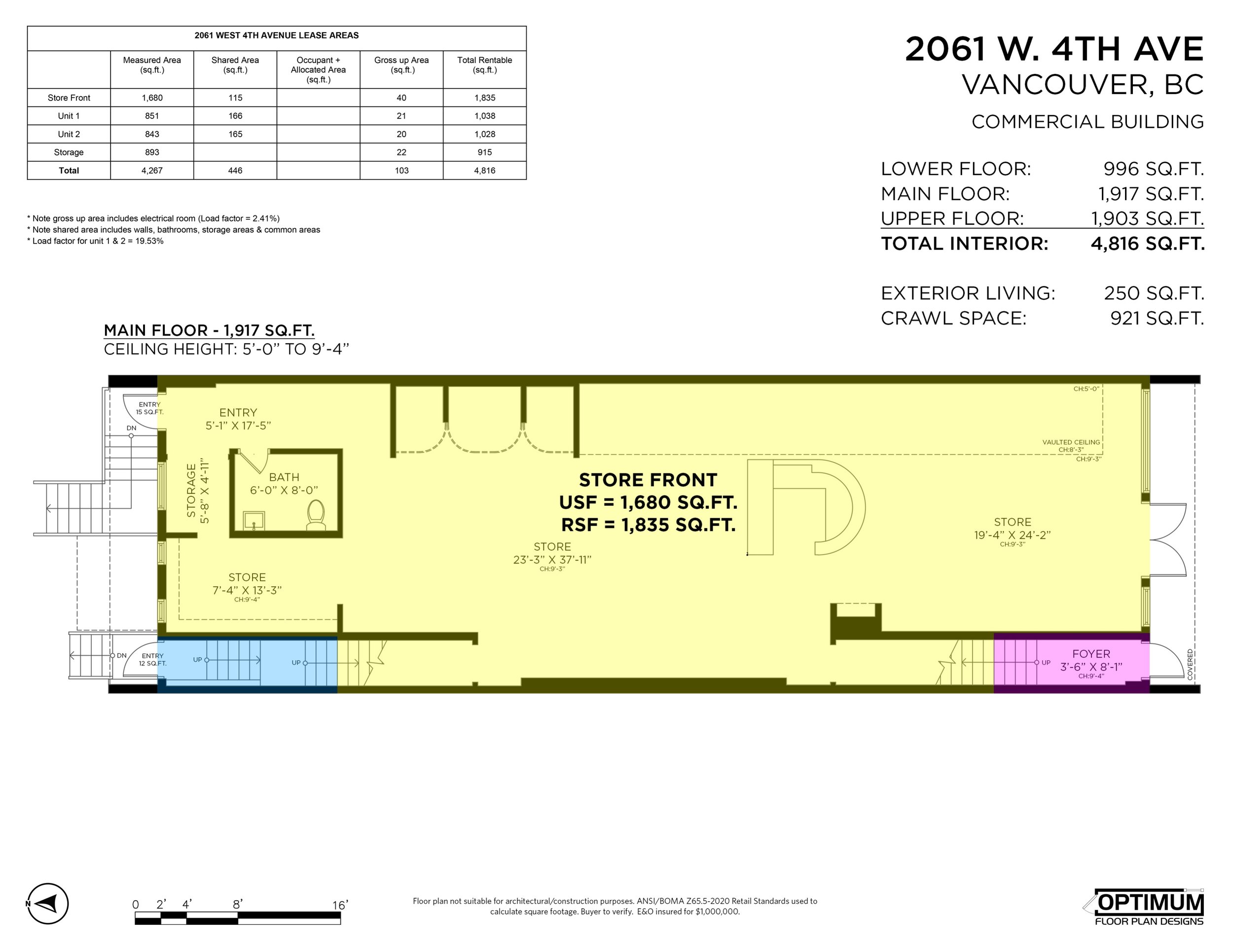 Main floor: store front, 1,680 sq ft usable / 1,835 sq ft rentable