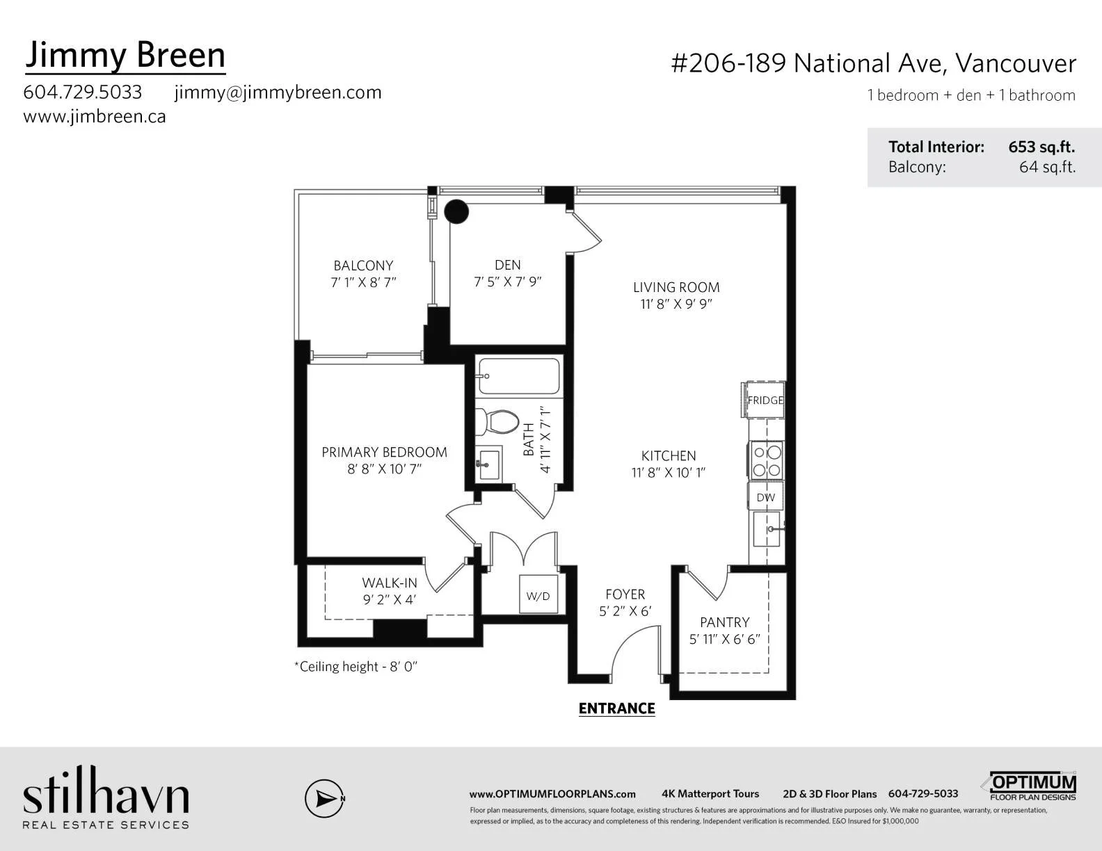 2D real estate floor plan of a one-bedroom plus den Vancouver condo with room dimensions and square footage