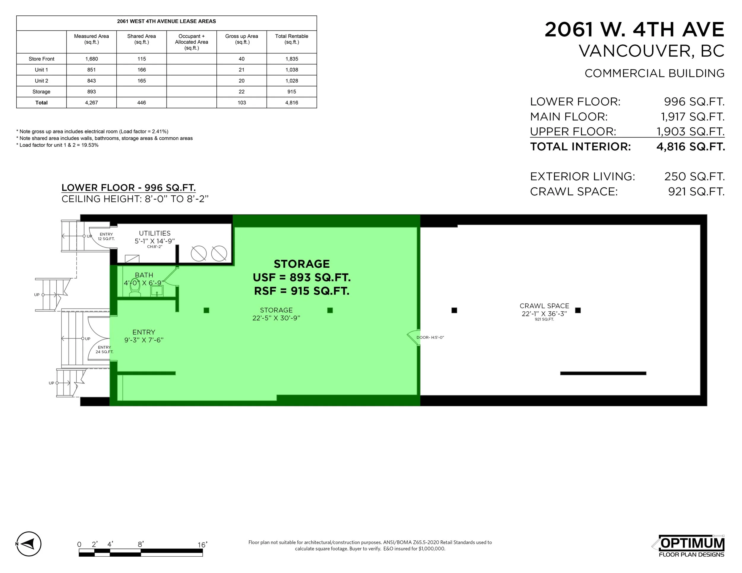 Lower floor: storage, 893 sq ft usable / 915 sq ft rentable