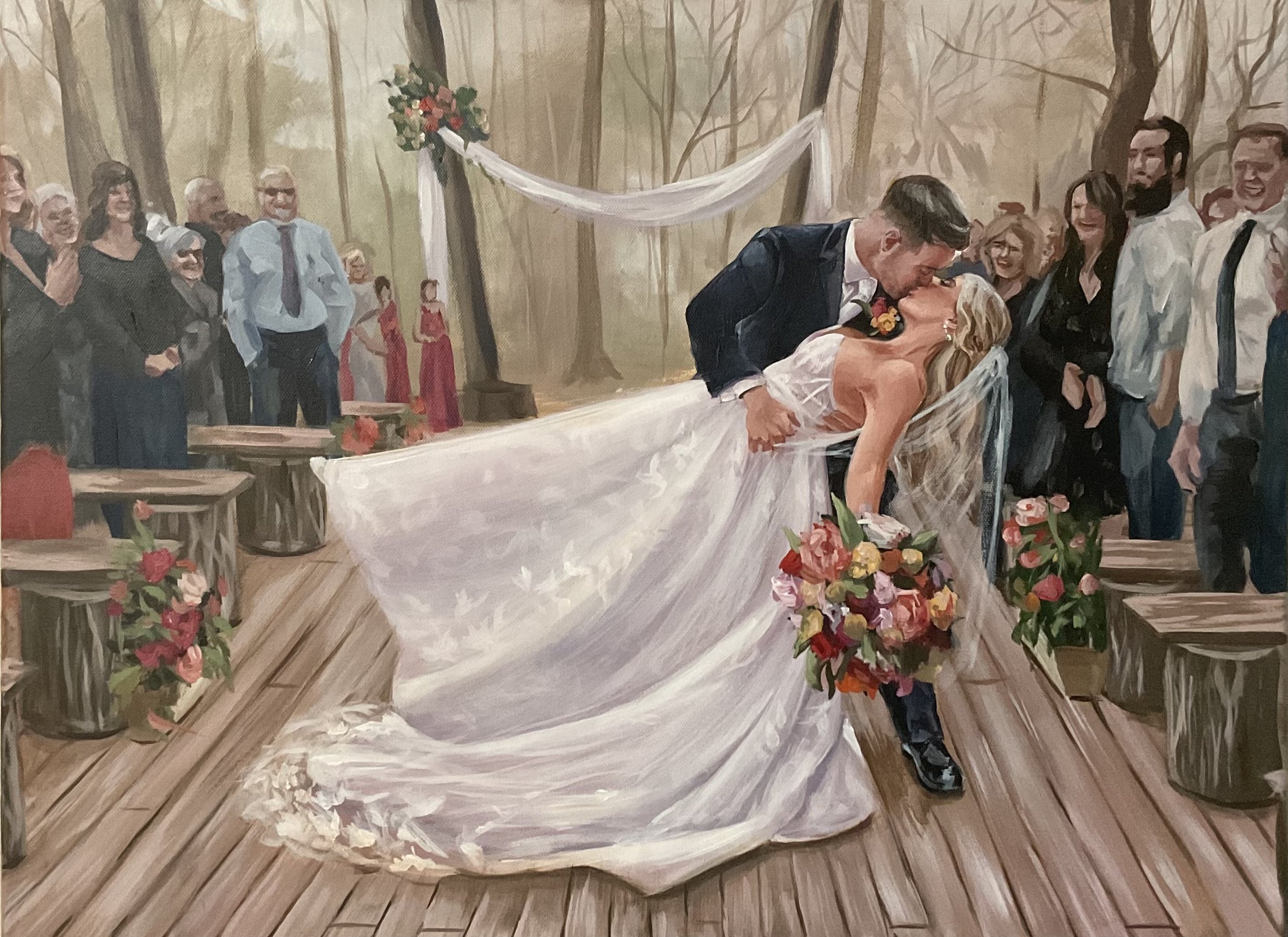 A painting of a wedding ceremony in a wooded outdoor setting. The groom, in a dark suit, is kissing the bride, who is in a white wedding gown holding a bouquet of pink and red flowers. Guests are standing and watching, smiling, with some dressed in f