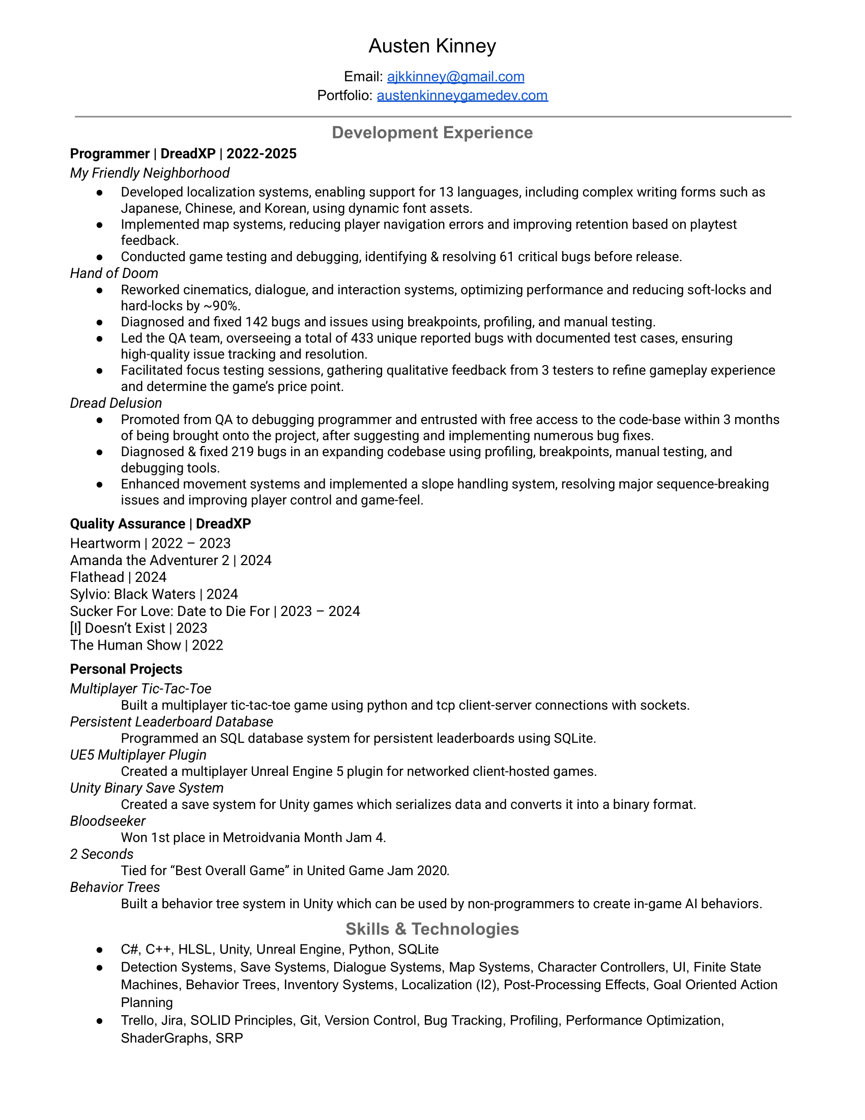 Resume — Austen Kinney - Game Programmer