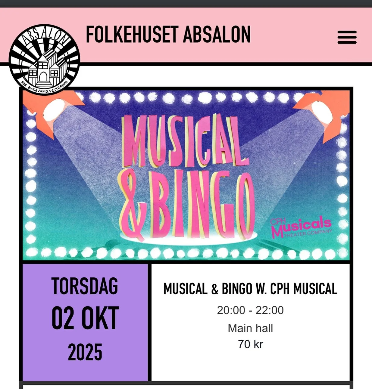 LIVE musical bingo! Come hear our singers belt out some tunes while you play musical bingo at the city’s coolest culture house. Win free drinks, fun prizes, and tickets to our next show! 
Tickets sell out quickly. Available on the Absalon webs