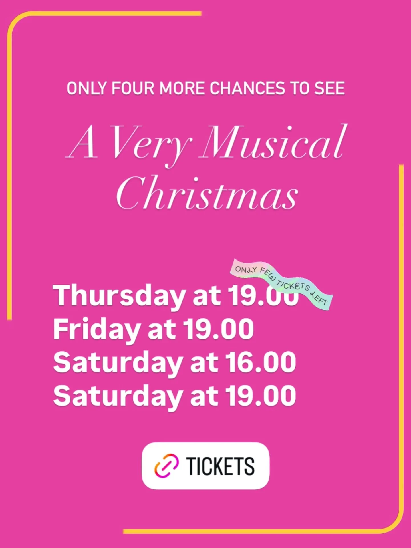 Tell your friends! Only a few chances left to see A Very Musical Christmas. 

Come enjoy some holiday cheer with lots of beautiful singing, dancing, and glitter! 

Plus start the night with a cozy welcome drink.
