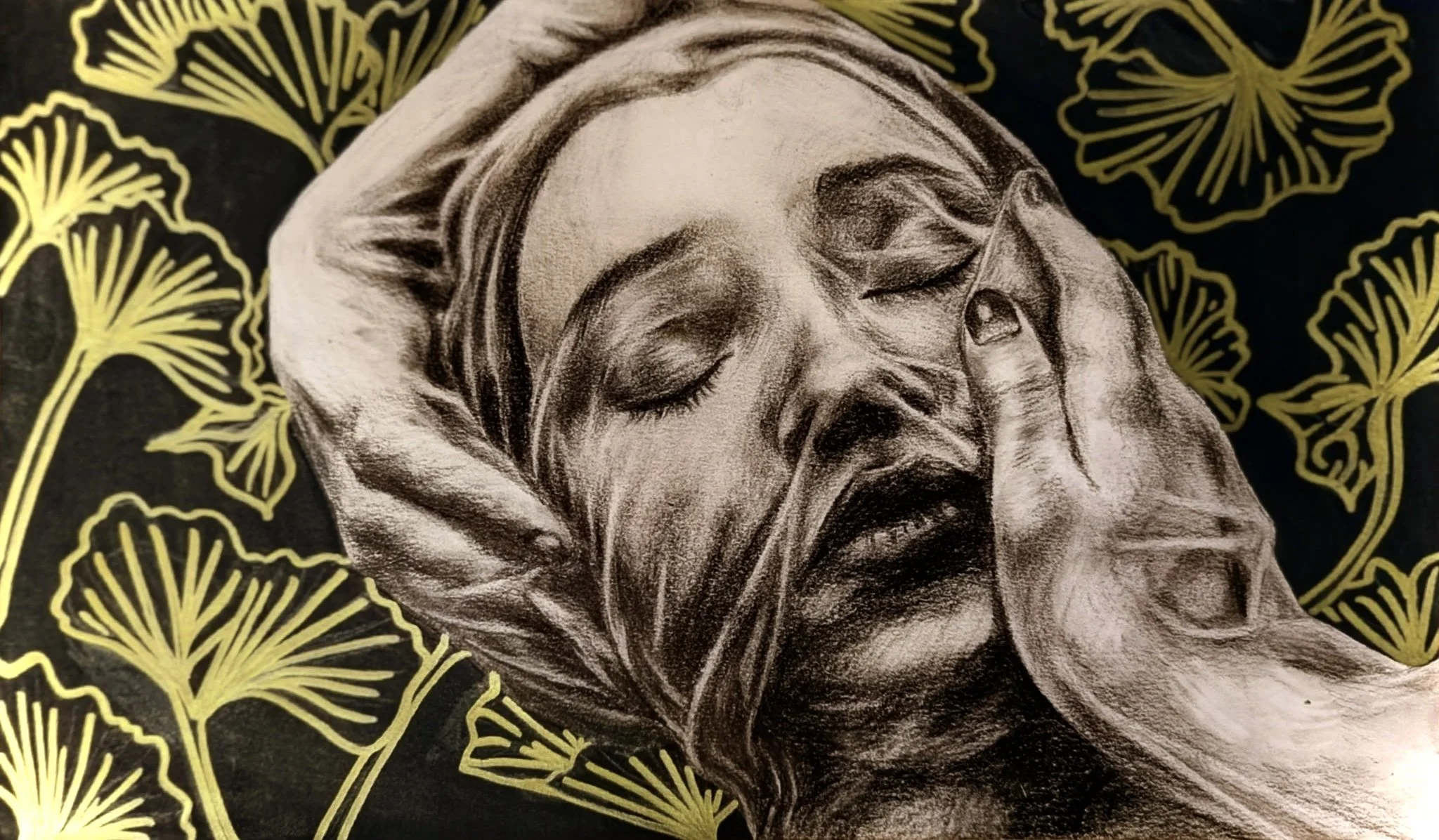 "Spider Lilies", 6"x12" inches, Carbon, sumi ink, and acrylic. 2026