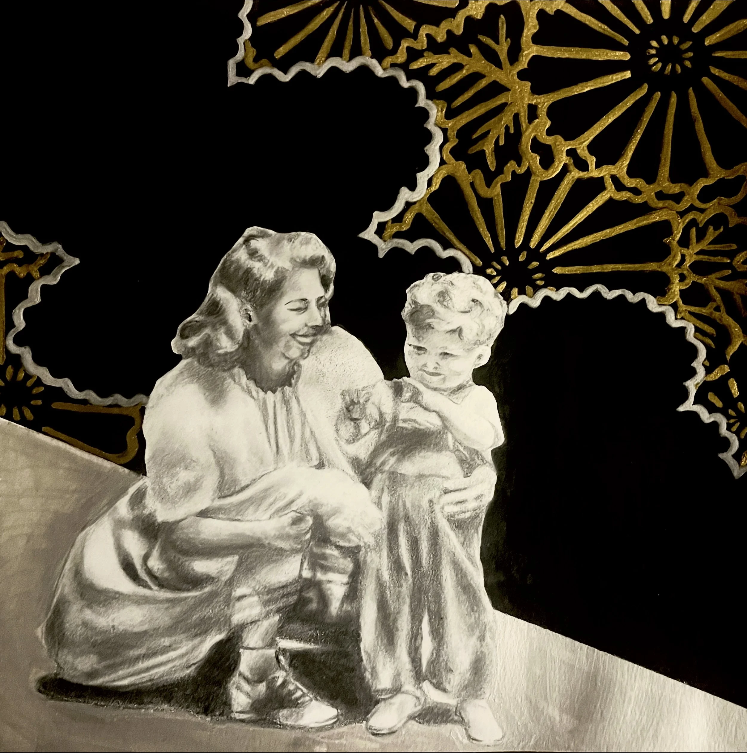 Mother and child, 2025, 10"x10", Sumi Ink and graphite