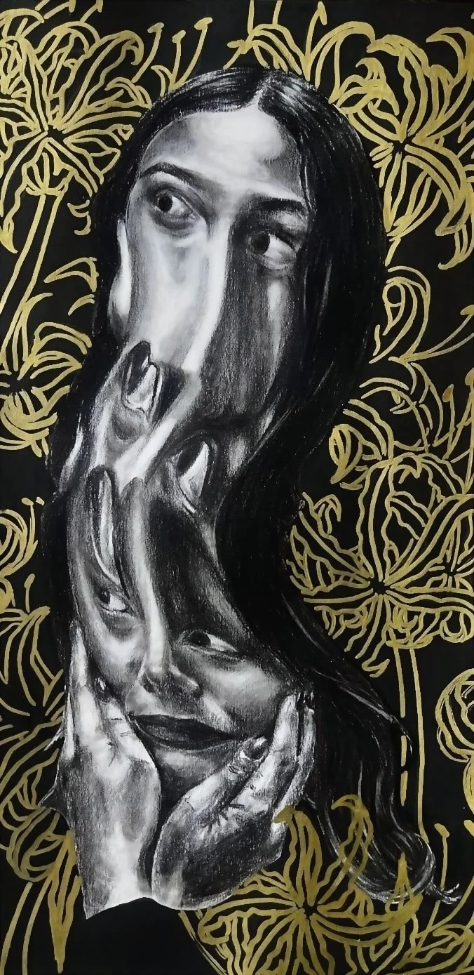 "Ginkgo". Carbon, sumi ink, & acrylic. 12" x 7 ". 2026