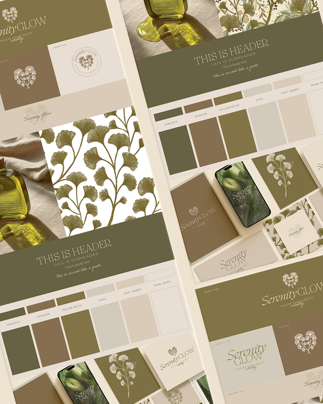 Open brand style guide for Serenity GLOW, featuring logo designs, color palette with shades like Hemlock, Shadow, Yellow Metal, Sisal, Soft Amber, Pearl Bush, and Soft Amber, along with product packaging and branding materials.