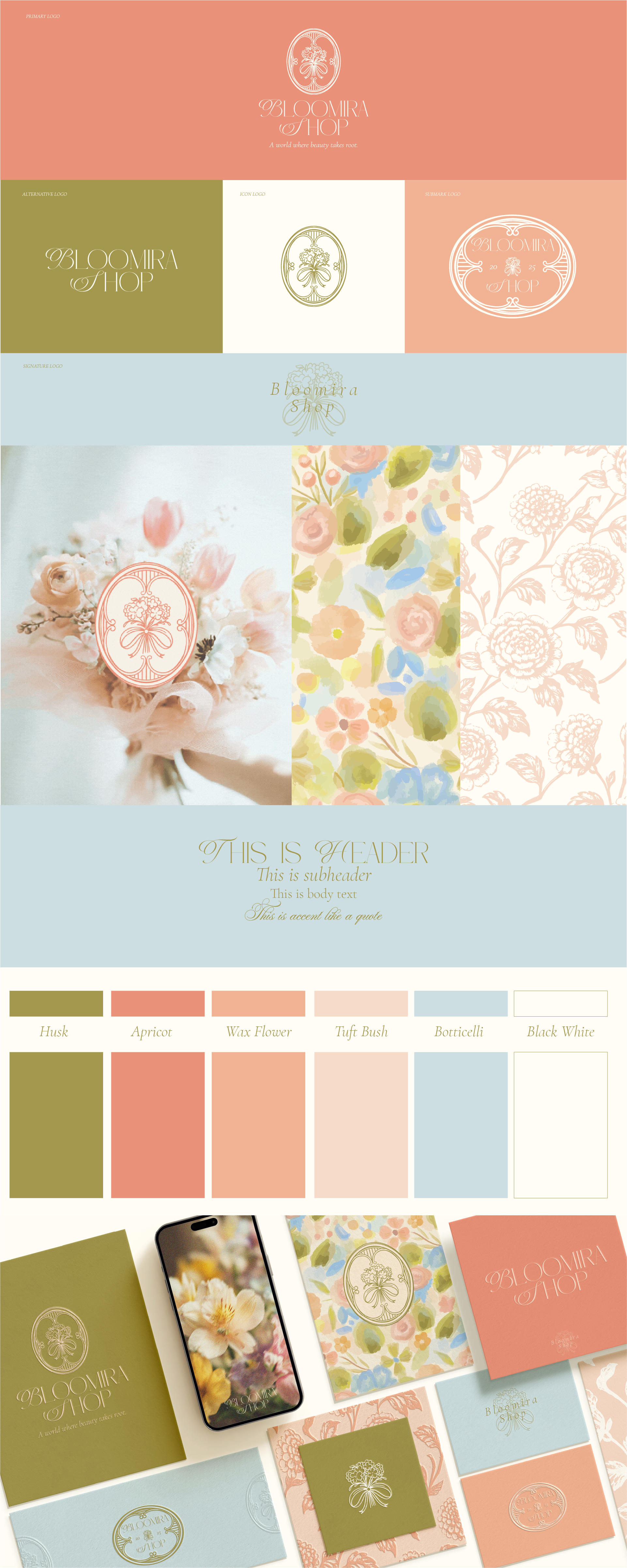 A collage of branding materials for Bloomira Shop, including logos, color palette, packaging, floral designs, and a smartphone displaying a floral photograph, featuring pastel shades of husk, apricot, wax flower, tuft bush, bottlecelli, and black white.