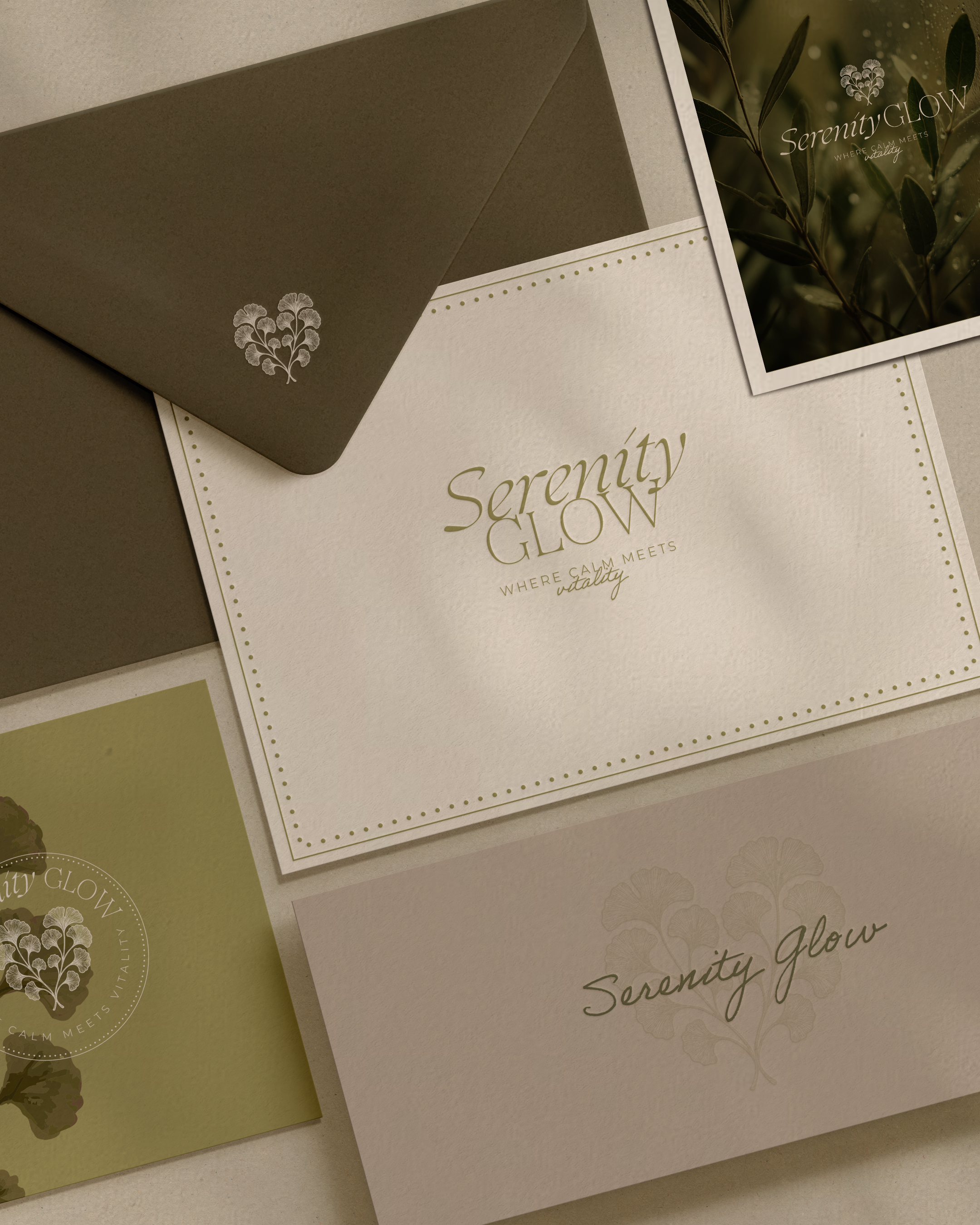 Several pieces of stationery and a photograph with the Serenity GLOW logo, featuring a stylized flower and the tagline 'Where calm meets vitality,' arranged on a flat surface.