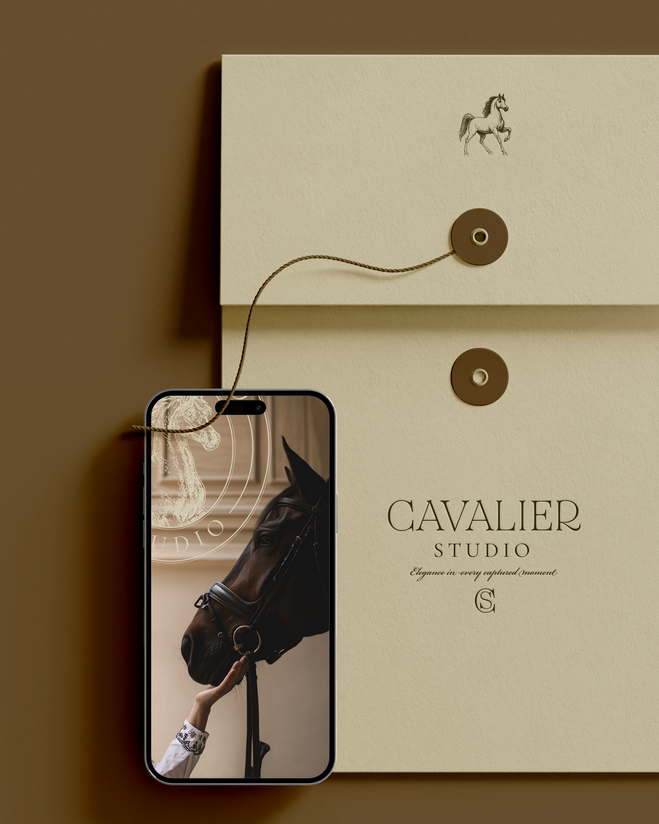 A smartphone displaying a close-up photo of a person petting a horse, with a branded logo in the background, placed on a beige background with a cream-colored envelope featuring a small, detailed drawing of a horse.