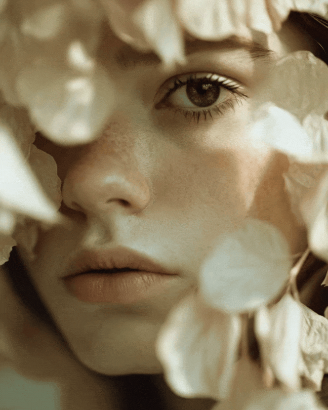 Close-up of a woman's face, partially covered by light-colored flower petals, revealing her eye, nose, and lips.