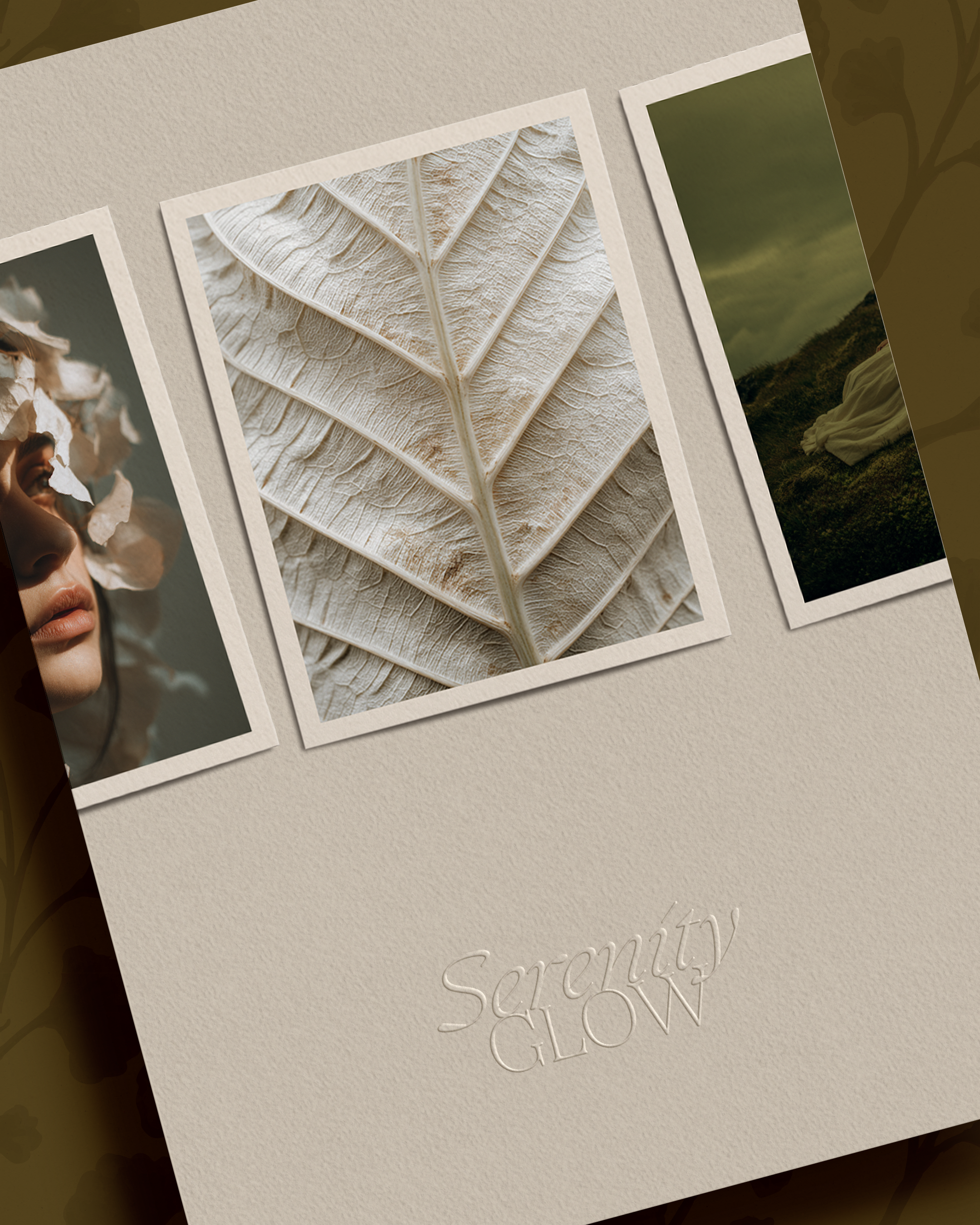 A beige textured paper with three printed photographs and the words 'Serranity GLOW' embossed at the bottom.