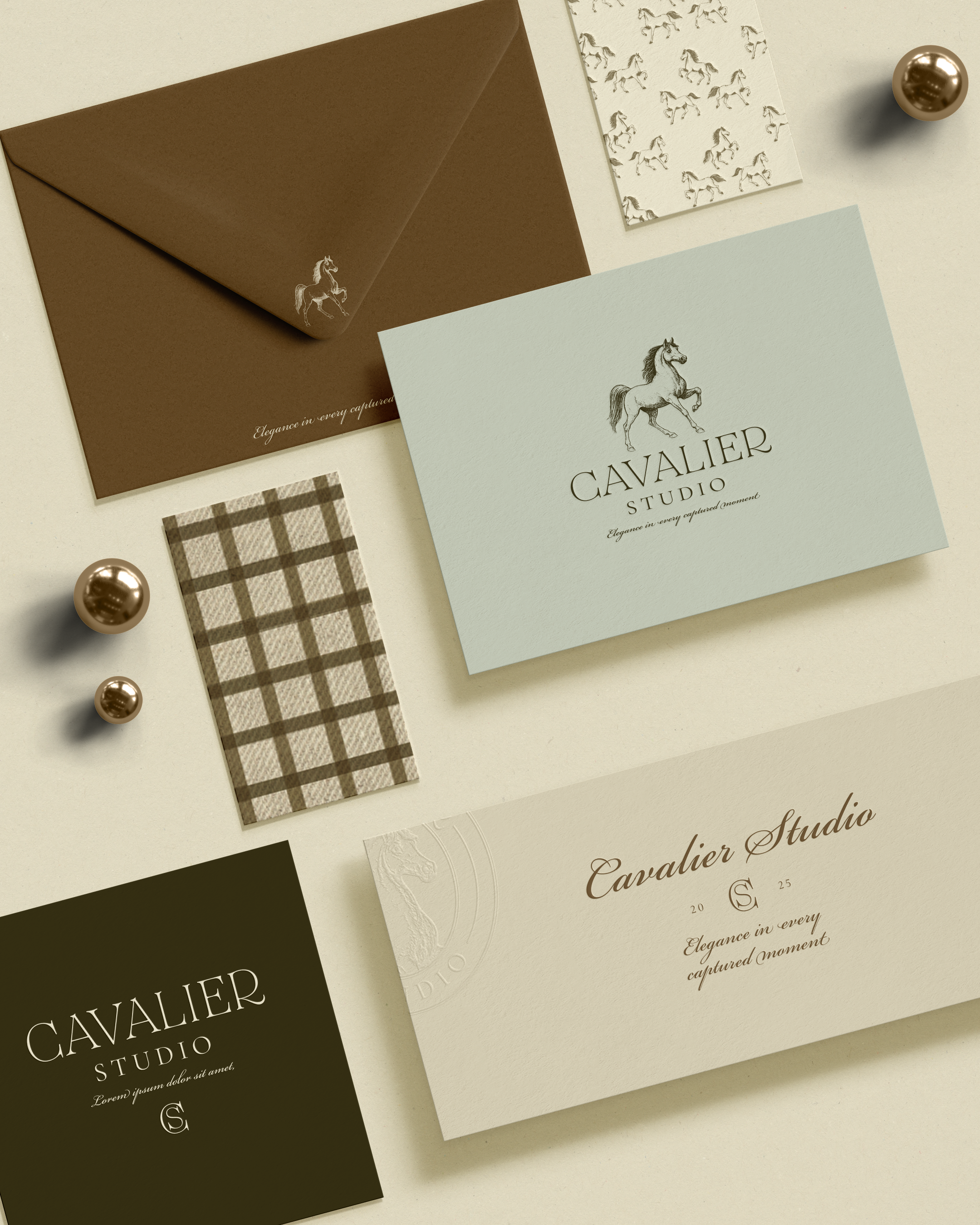 Elegant stationery and packaging for Cavalier Studio, featuring business cards, envelopes, and decorative elements in neutral and earthy tones with horse motifs and checkered patterns.