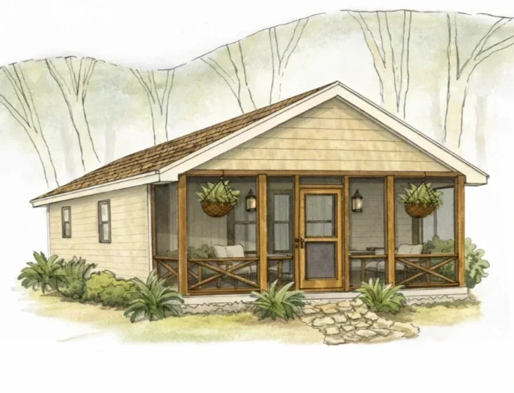 Prefab panel hempcrete 2 bedroom house, single story with front porch