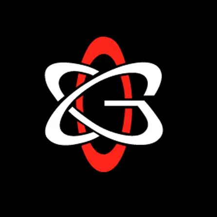 A stylized logo featuring an atomic symbol with a red nucleus and white electron orbits against a black background.