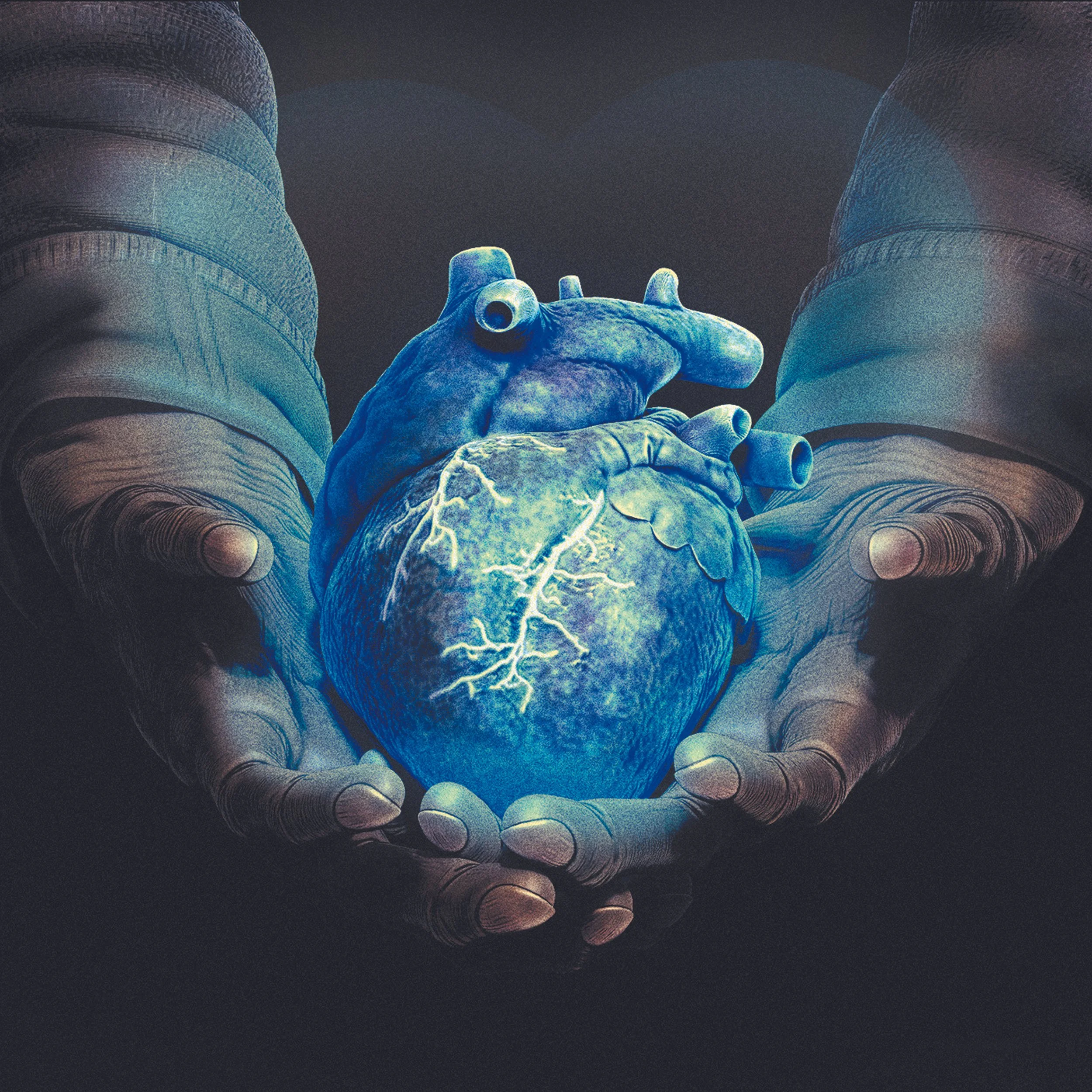 Hands holding a human heart with lightning bolt patterns, in a blue tone, emphasizing the heart's vitality.
